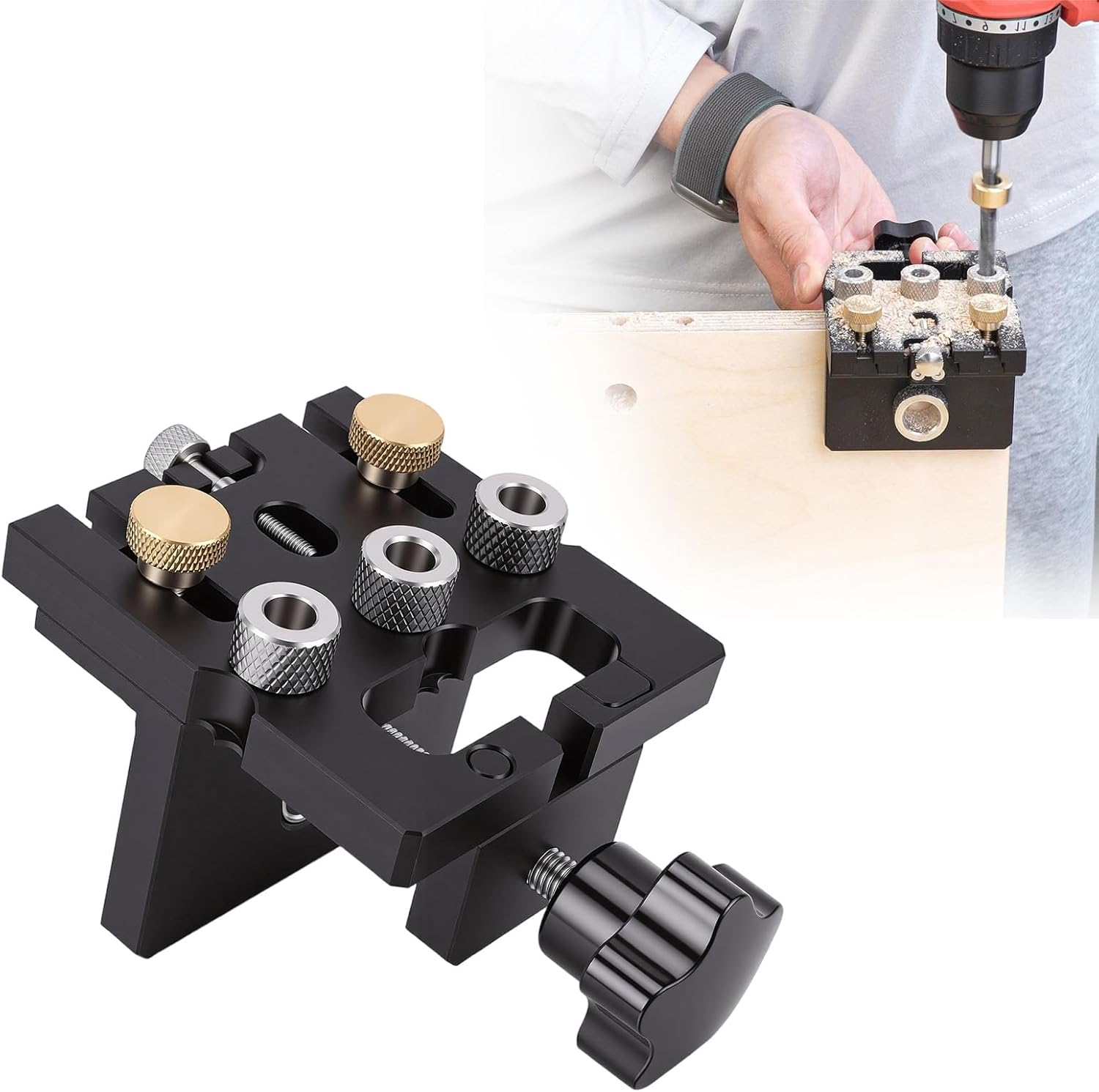 Garosa Woodworking Dowel Drill Guide, Adjustable Self Centering Jig with 6/8/10mm Steel Bushings, Eccentric Wheel for Cabinet Making and Furniture Construction