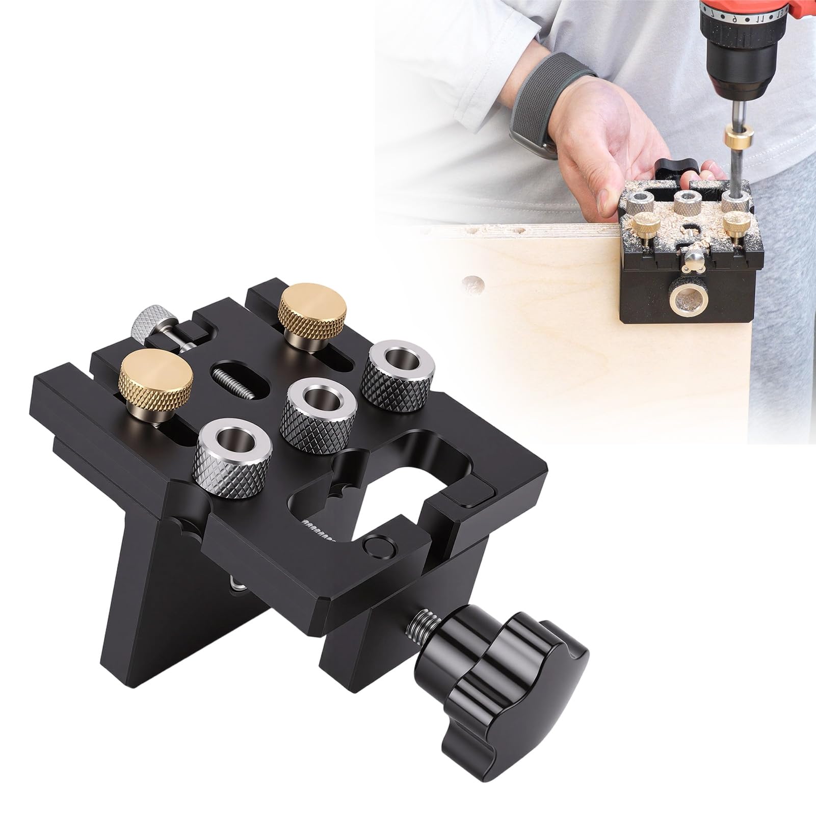 Generic Plantilla para Agujeros para Carpintería, Guía de Perforación Autocentrante Precisa con Bujes de Acero para Juntas Fuertes, Adecuada para Fabricación de Gabinetes, Superficie Anodizada