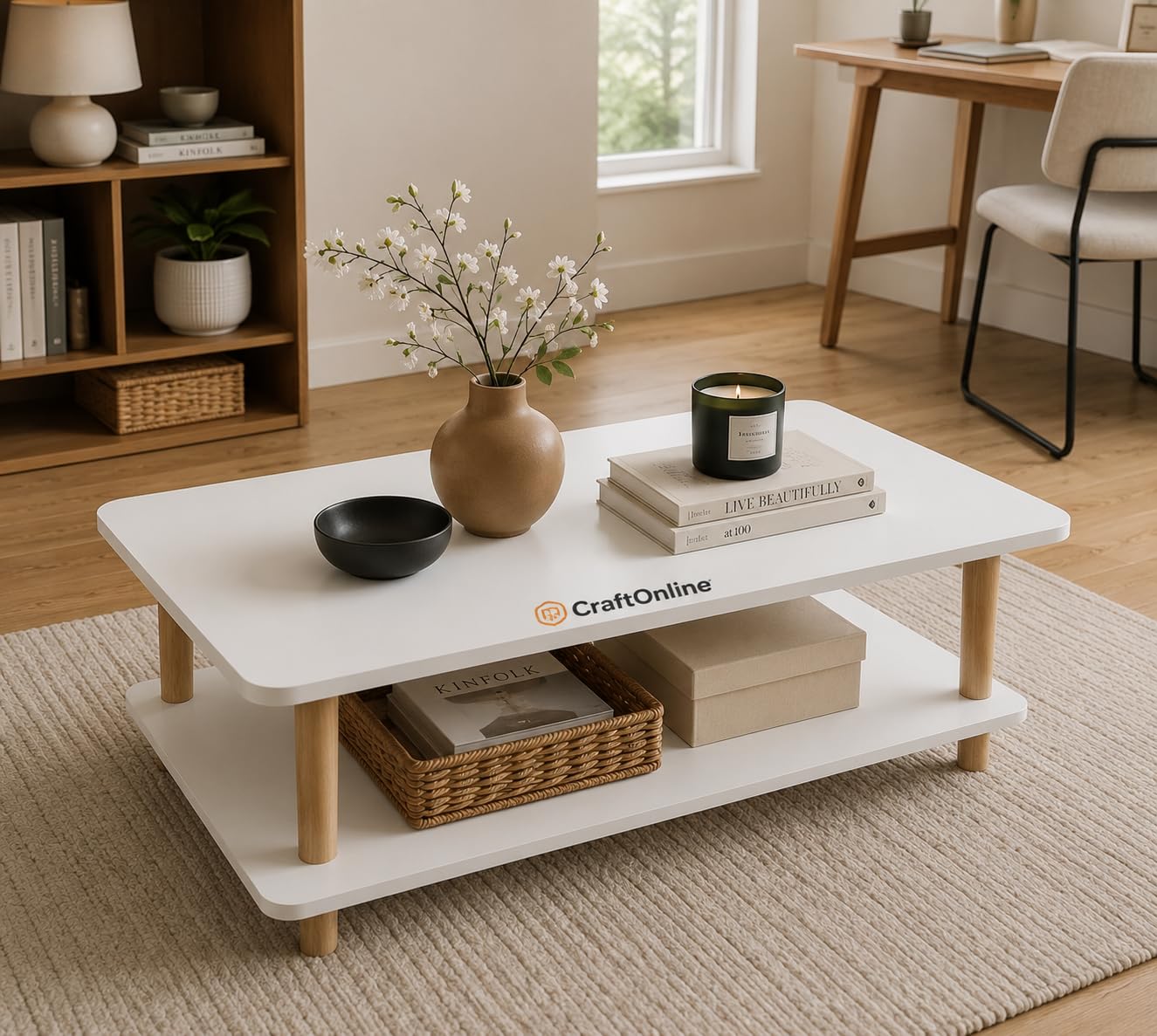 Engineered Wood Center Table with Mango Wood Legs 2 Tier Table End Table Coffee Folding Portable Outdoor Indoor Table for Garden.-image-27