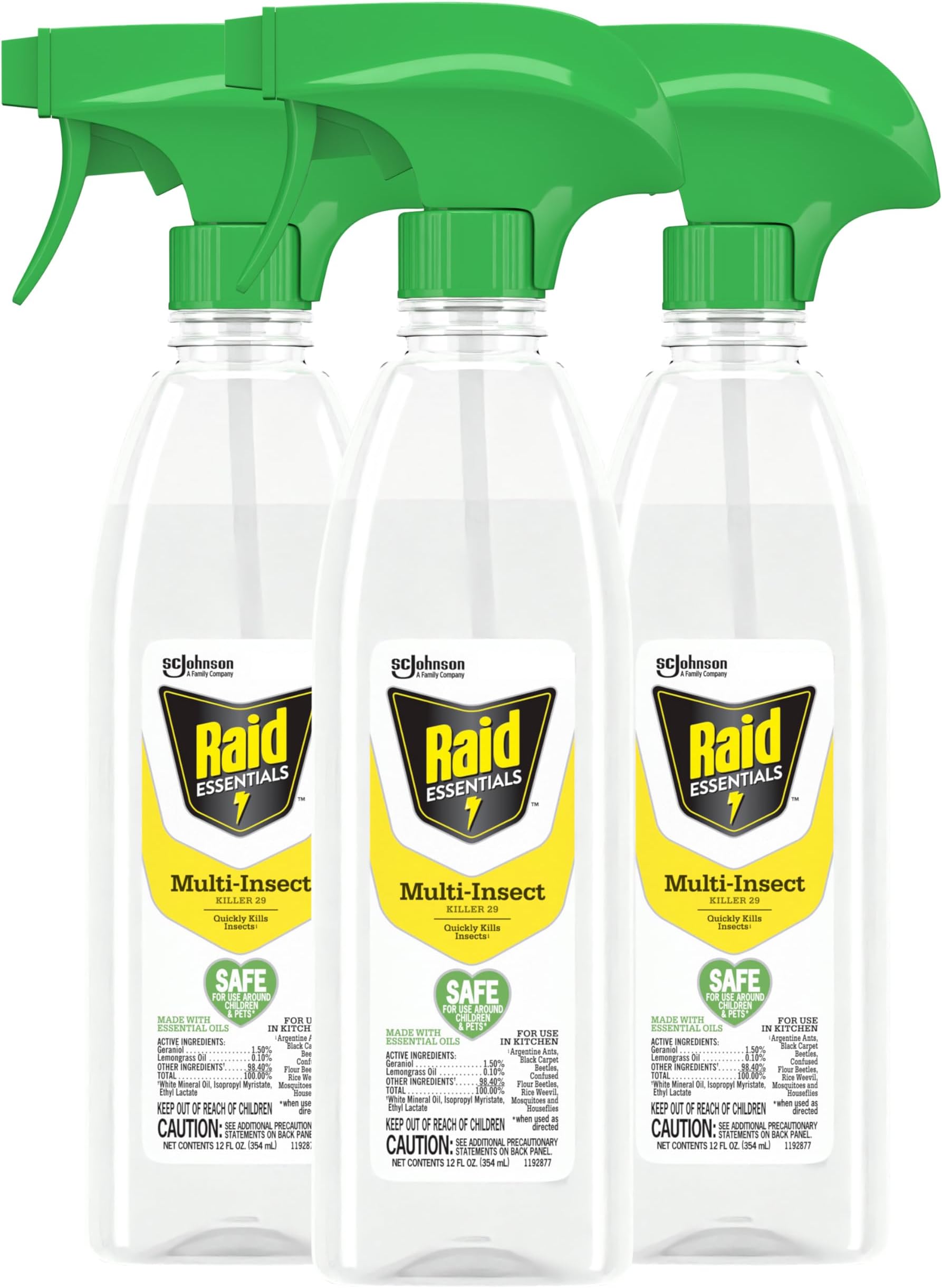 Raid Essentials Multi-Insect Killer Spray Bottle, Child & Pet Safe, for Indoor Use, 12 oz (Pack of 3)