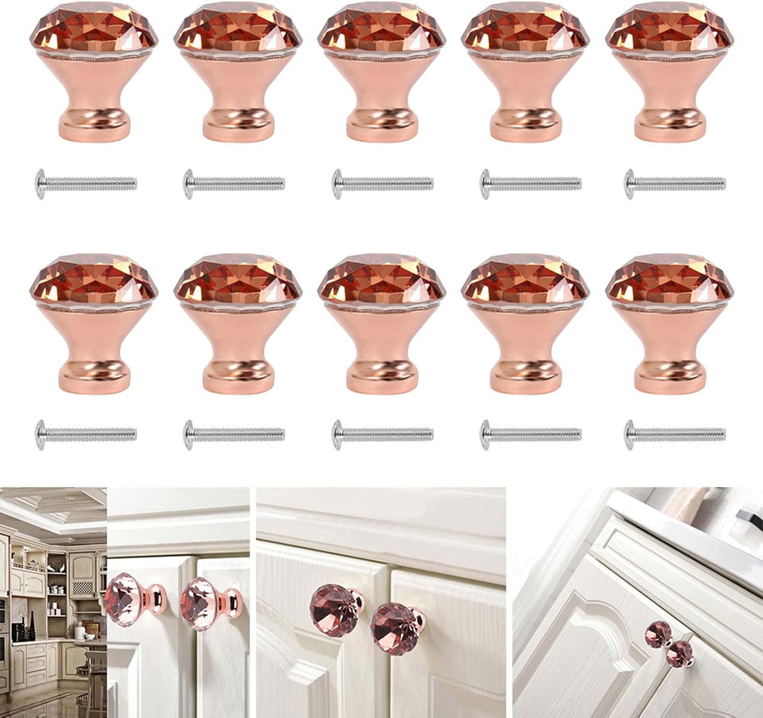 ODOMY 10 Pack Crystal Glass Cabinet Knobs 30mm, Rose Gold Diamond Shape Glass Knob and Pull Handle for Kitchen Bathroom Cabinet Door Wardrobe Cupboard (10 PCS, Rose Gold)