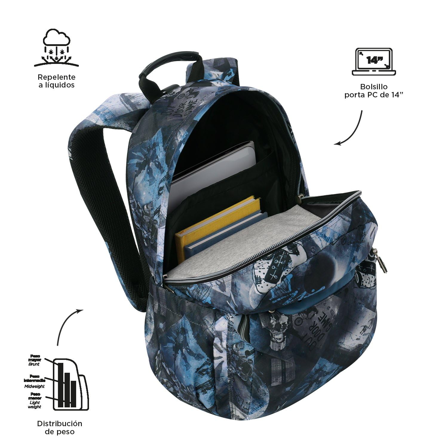 TOTTO - Mochila Escolar Adaptable a Carro, Modelo Acuareles, Capacidad 20 L, Bolsillo para Pc 14", 2 Bolsillo Botella, Espaldar Ergonómico con Flujo de Aire, Cómodas Correas en S, Estampado Film