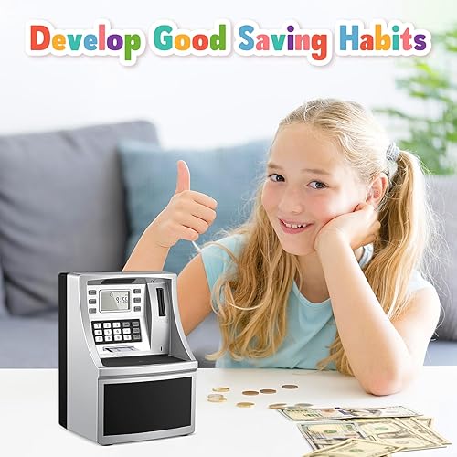 Miniatura 7 de Alcancía para niños, caja de dinero de cajero automático de gran espacio con batería recargable, regalos de cumpleaños de Navidad, banco de juguetes