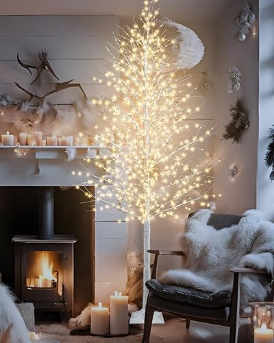 Miniatura 5 de TORONTOKYO Árbol de abedul iluminado de 8 pies, 1440 luces LED blancas cálidas, 8 modos de iluminación, árbol de Navidad artificial blanco con