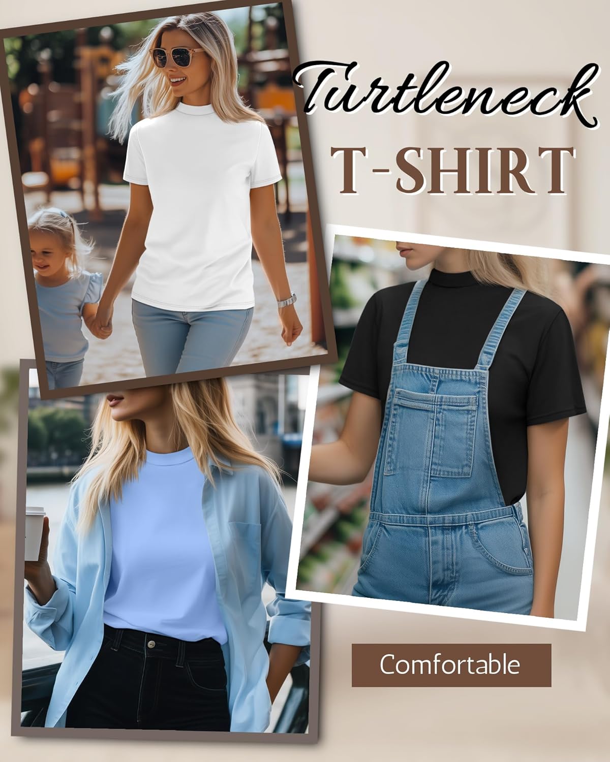 Ficerd 4 Pack Women's Mock Turtle Neck Shirts, Dressy Casual Short Sleeve Basic Top Slim Fit Stretch Trendy Tees - Image 2