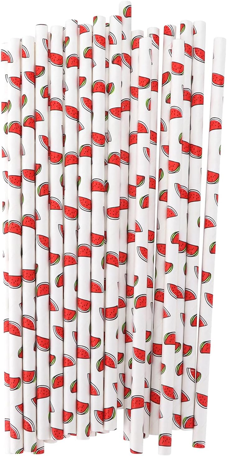 Biodegradable Paper Straws Fruit Pattern Reusable Beverage Straws for Beach Party Picnic 50pcs Colorful Straws Safe for Hot Cold Drinks (Watermelon)