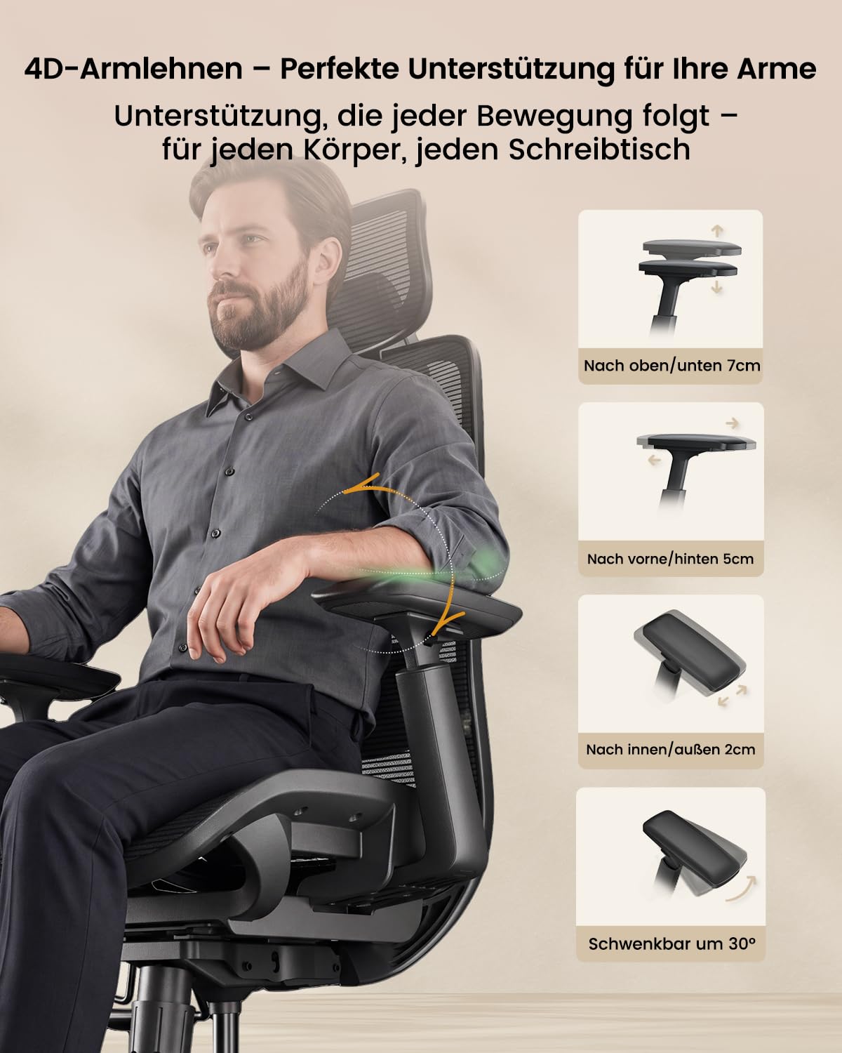 ProtoArc EC200 Pro Ergonomisch Netz-Bürostuhl mit Verstellbarer Sitztiefe | Schreibtischstuhl mit 4D-Armlehnen, Lendenwirbelstütze Höhen- und Tiefenverstellbarer, 3D-Kopfstütze für Homeoffice, Schwarz