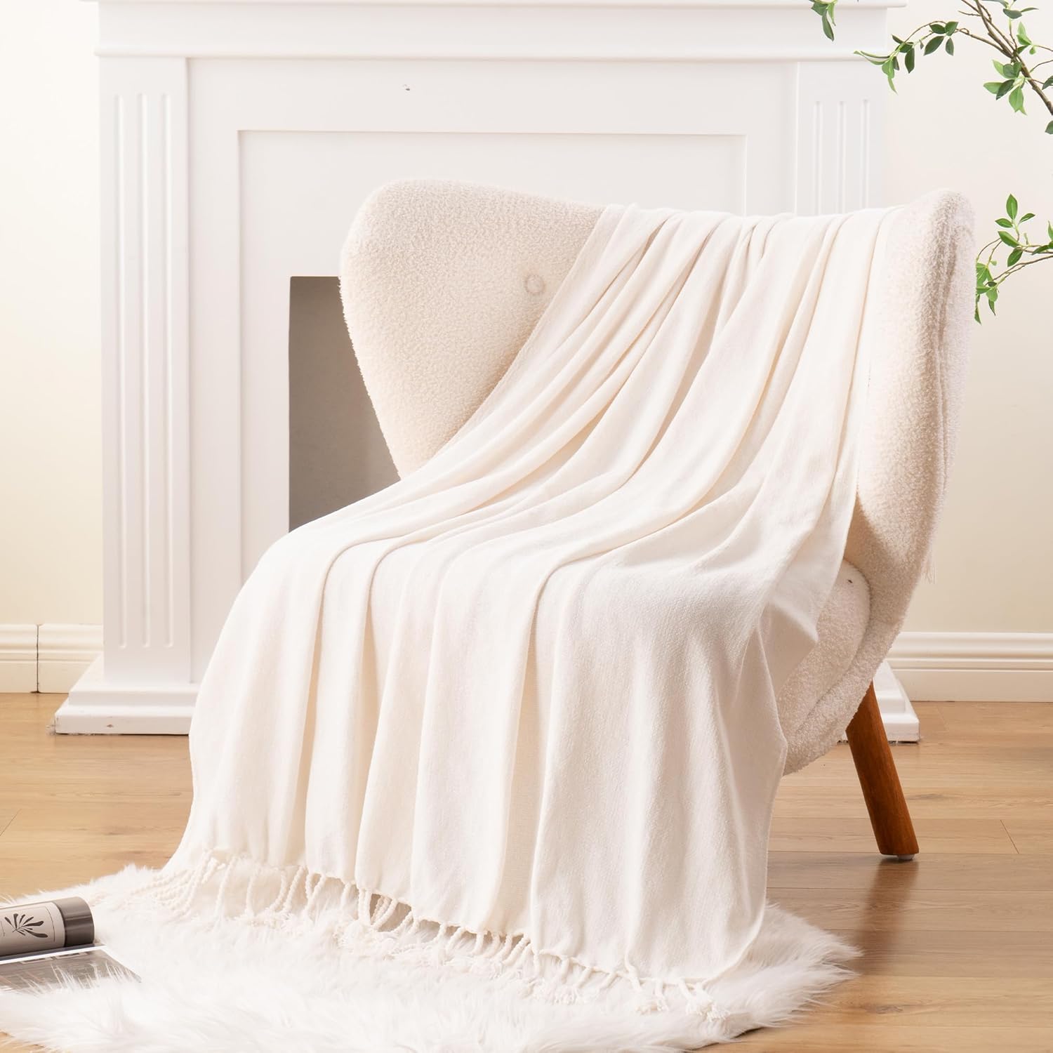 BATTILO HOME Off White Throw Blanket for Couch, Bed, Sofa - Soft Cozy Cream Chenille Throw with Fringe Tassels, Lightweight Farmhouse Knit Throw for Home Decor, 50"x60"