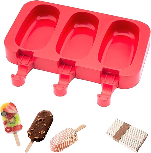 Molde de silicona para helado de Beicemania sin BPA con palos de madera clásicos ovalados redondos, Clásico, Rojo