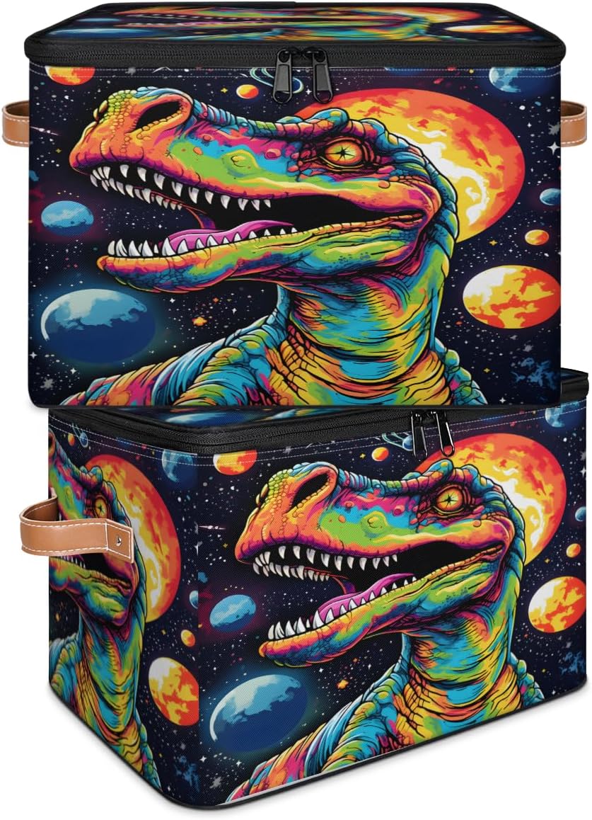 Storage Bin Set of 2 Rainbow Dinosaur Storage Basket with Zipper Lid & Handle Foldable Closet Shelf 2 Pack Cloth Organizer Basket Cube Bins Clothes Organizer for Bedroom, Nursery