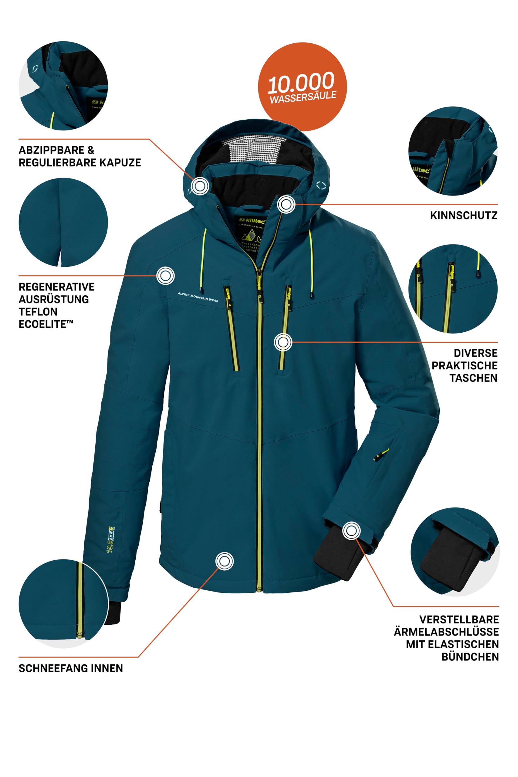 Killtec Herren Skijacke Ksw 44 Mn Ski Jckt 10.000 mm Wassersäule atmungsaktiv wasserdicht Blau Größe 56