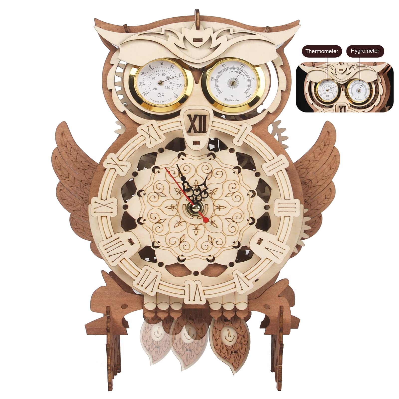 HI-REEKE 3D Wooden Puzzles for Adults Mechanical Owl Pendulum Clock Wood Model Building Kit for Teens Creative Gift Home Decor- with Thermometer Hygrometer