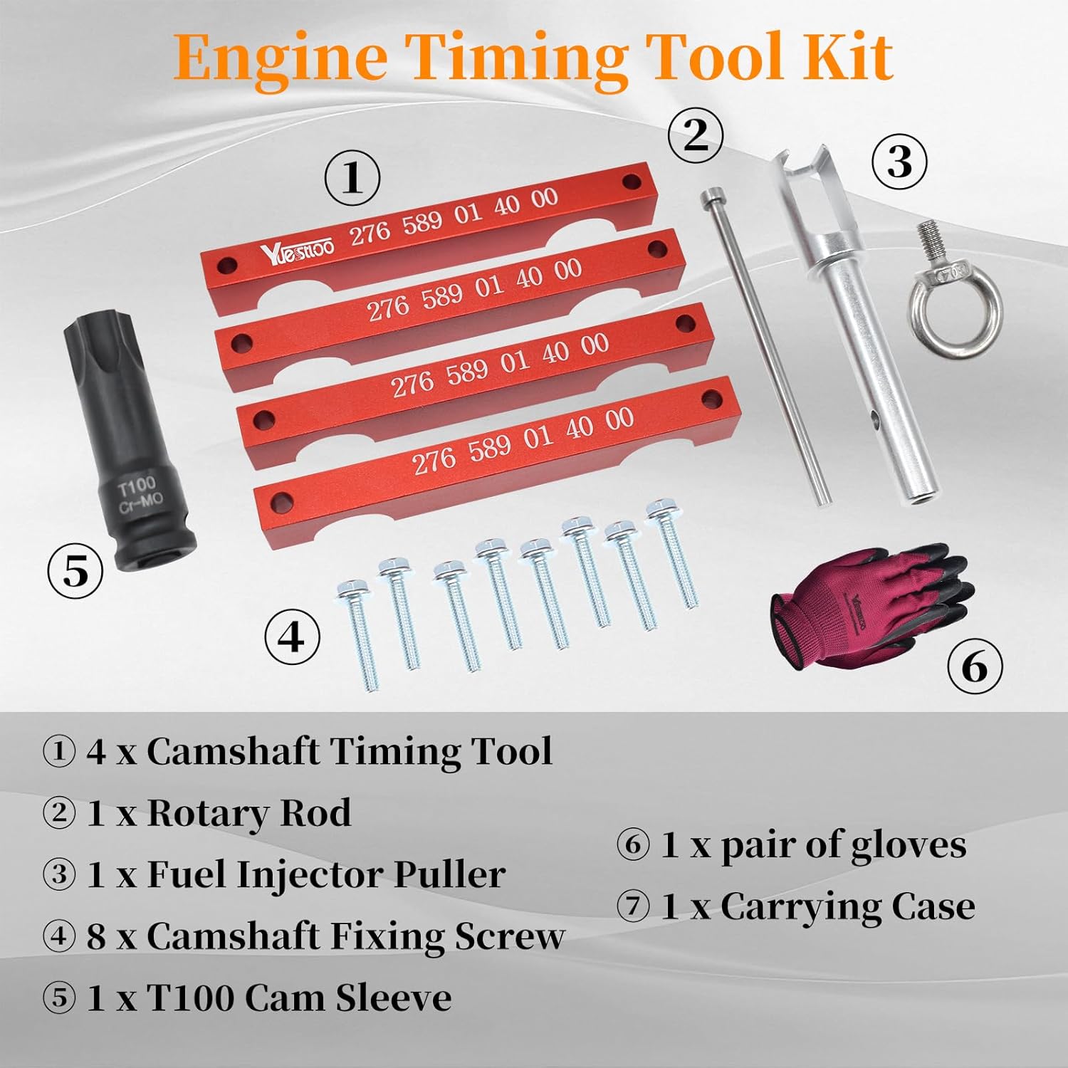 Engine Timing Tool Kit, Compatible with Mercedes Benz M157/M276/ M278, Camshaft Timing Tool with T100, Fuel Injector Puller, Rotary Rod, Fixing Screw, with Case and Gloves