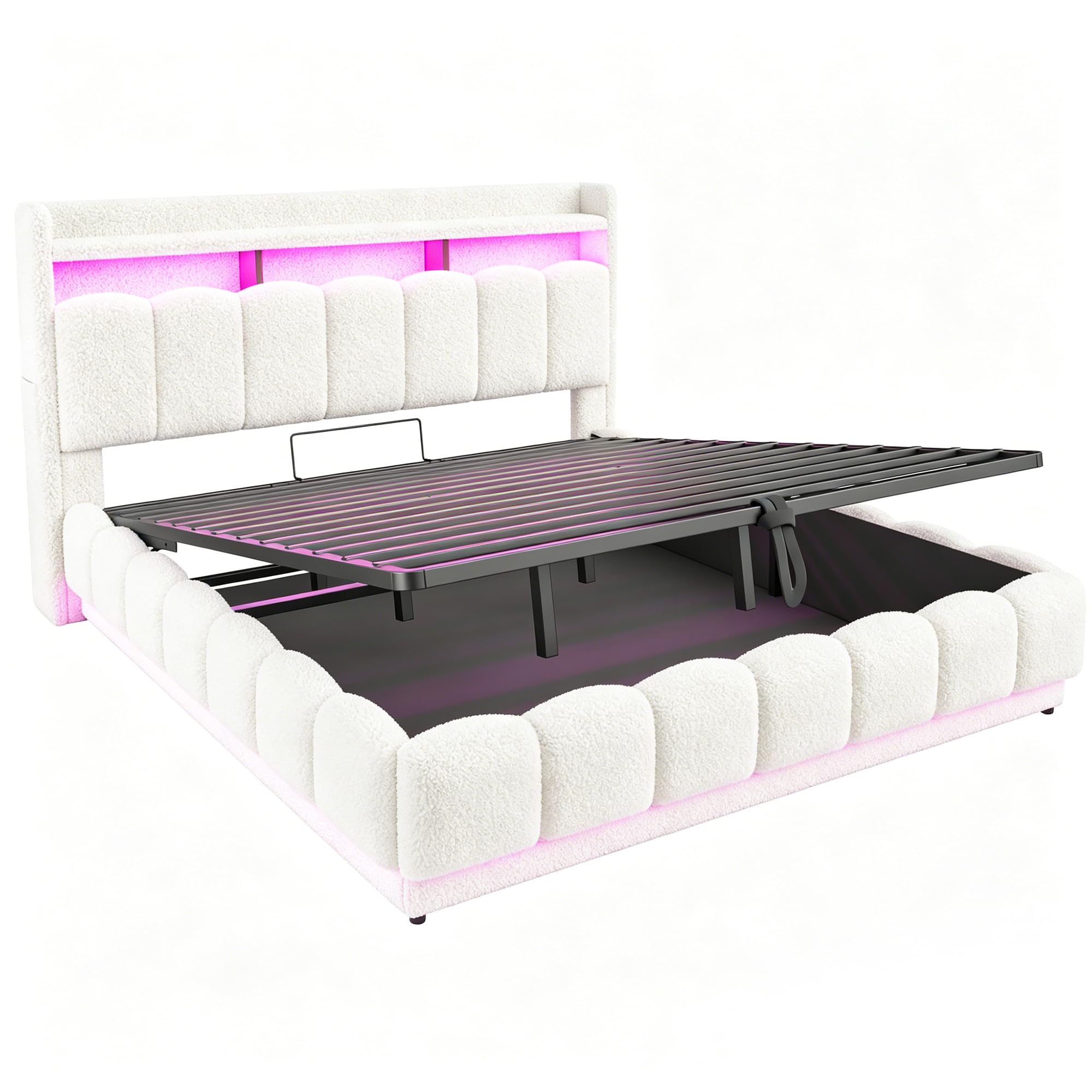 Cama Canapé 180x200 con Elevación Hidráulica Cama Tapizada con Somier de Lamas Estructura Matrimonial con Almacenamiento Integrado con Tapizado Bouclé con Cabecero Acolchado Estudio Blanca