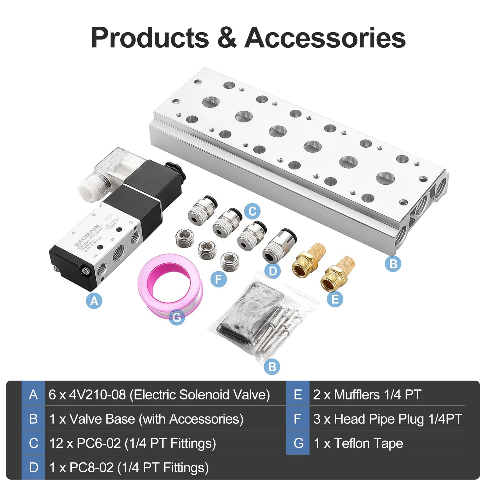 Baomain Válvula solenoide neumática de 6 espacios 4V210-08 CA 24 V de cabeza única, 2 posiciones, 5 vías con silenciador de base, juego de accesorios rápidos