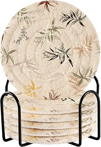 Miniatura 1 de Leaves Pattern Cup Coasters with Holder Set of 6 Coasters for Desk Minimalist Coasters Porta Vasos para Mesas
