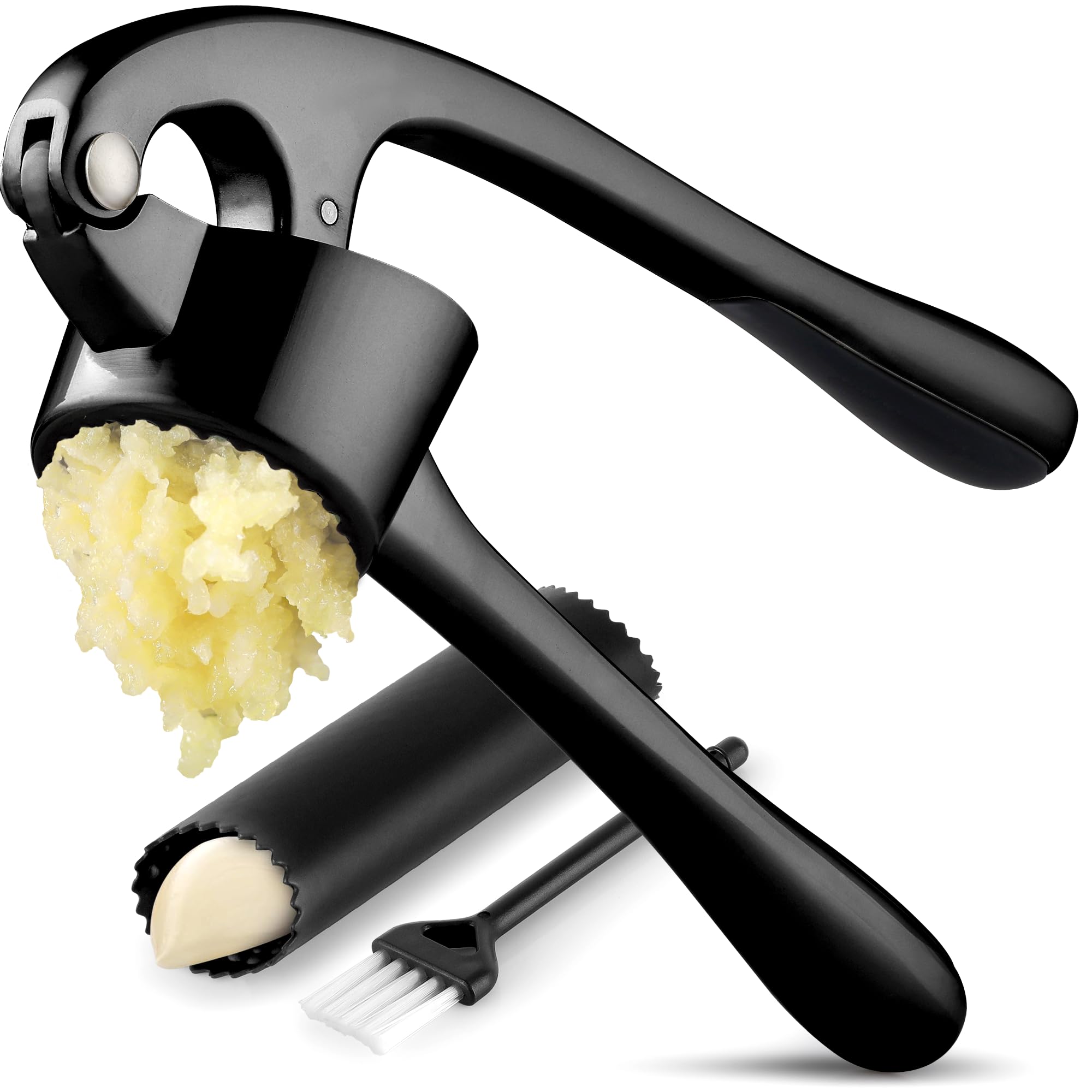 Zulay Kitchen Large Premium Garlic Press Set - Bigger Bowl for Bigger Garlic - Rust Proof Dishwasher Safe Garlic Mincer Tool - Easy-Squeeze, Easy-Clean Silicone Garlic Peeler Brush (Black)