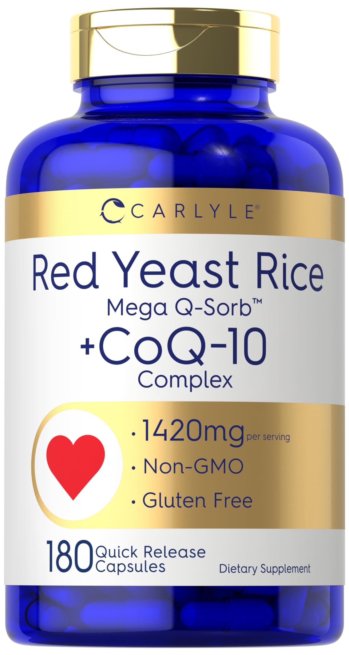 Carlyle Red Yeast Rice with CoQ10 Complex | 1420 mg | 180 Capsules | Mega Q-Sorb | Non-GMO, Gluten Free Supplement