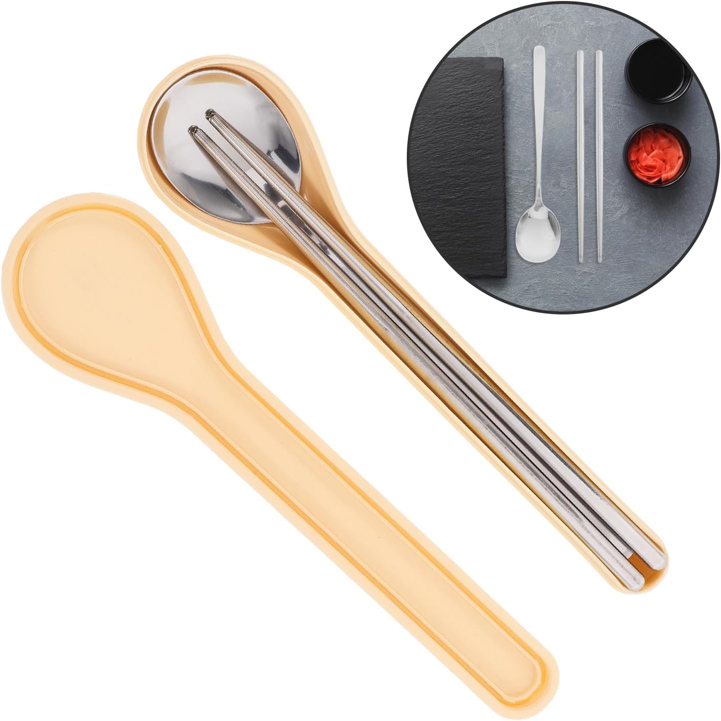Portable Stainless Steel Travel Utensil Set with Fork Spoon Chopsticks, Reusable Metal Flatware for Adults, Compact Case for Outdoor Camping Picnic Lunch