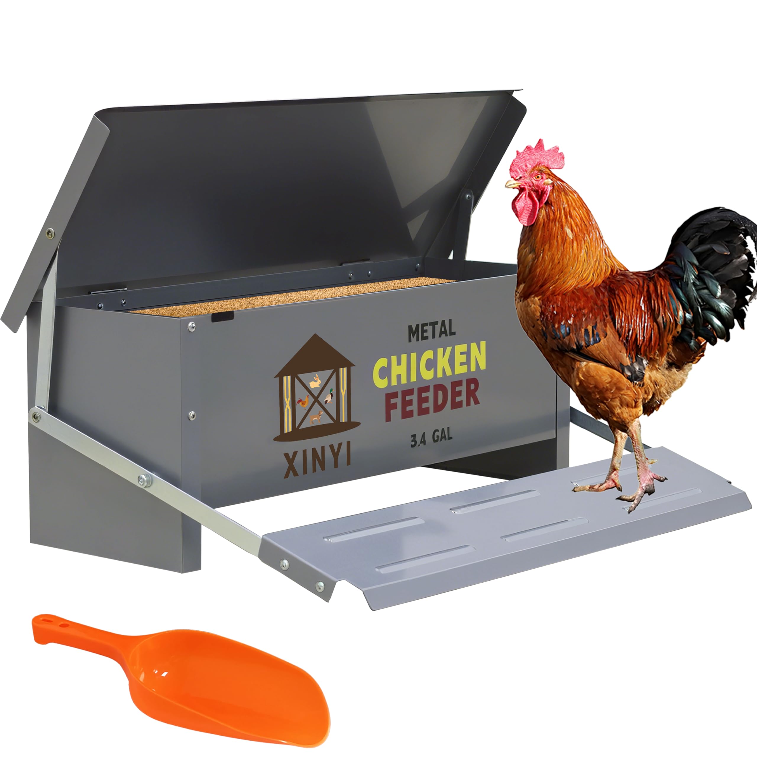 XINYI Chicken Treadle Feeder,25 Lbs Metal Treadle Feeder, No Waste & Rodent Proof Chicken Feeder with Weatherproof Lid, Suitable for Bantams, Poultry,