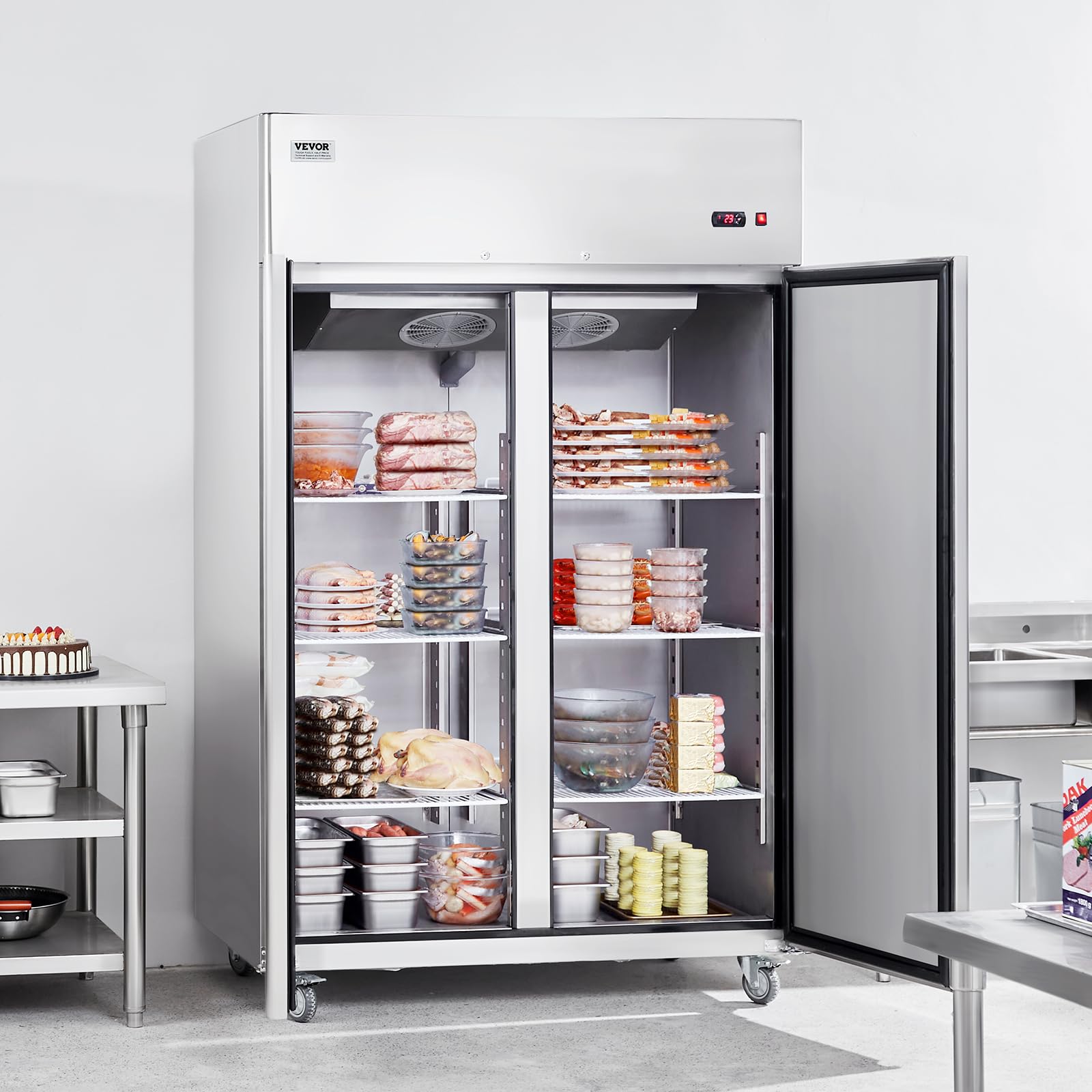 VEVOR Congelatore Commerciale 1382 x 800 x 2110 mm Congelatore Verticale a 2 Porte 1252 L in Acciaio Inossidabile con Sbrinamento Automatico, 6 Ripiani Regolabili, Controllo Temperatura -25 a -15°C