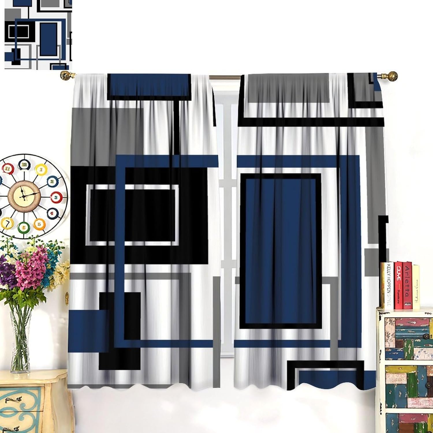 Blue Geometric Curtains Navy Blue Modern Black Blue and Gray Blackout Rod Pocket Curtains for Bedroom Living Room Kitchen Decor Thermal Insulated Window Drapes 2 Panel Set 52x84in