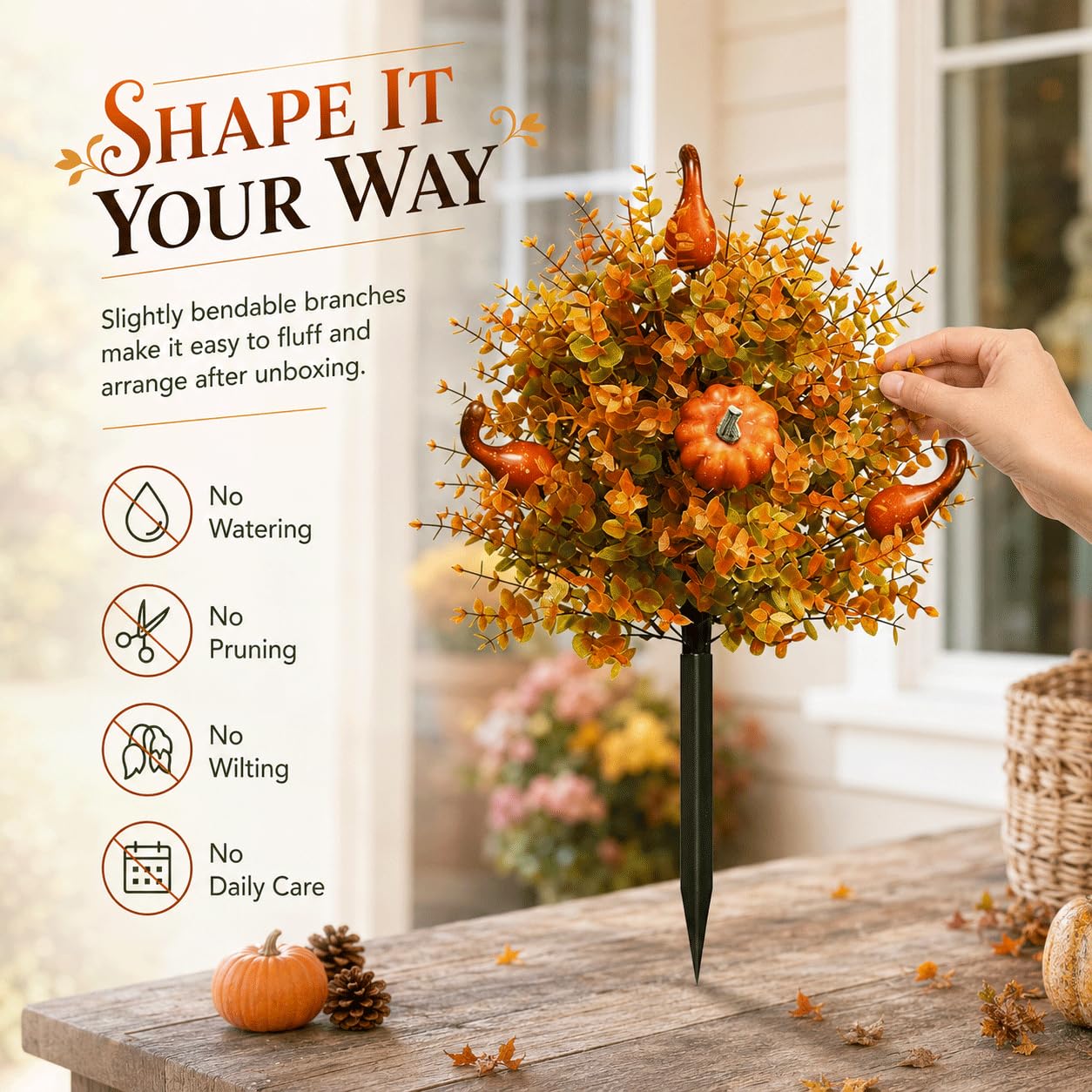 Confezione da 2 fiori artificiali autunnali a sfera, per esterni, con paletti, 55,9 cm, finti alberi di zucca autunnali con foglie d'arancio e zucche, resistenti ai raggi UV, pianta finta per portico