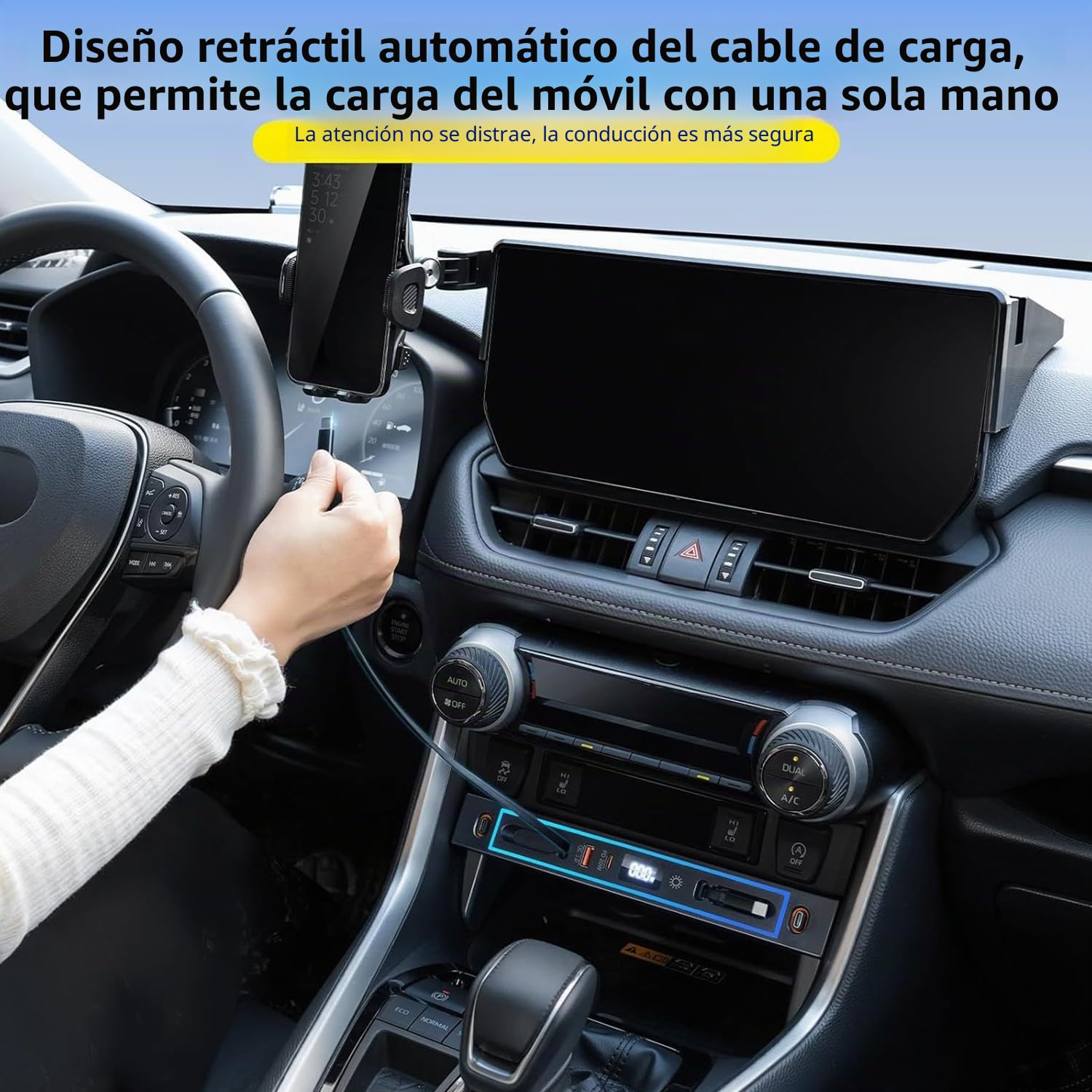 Concentrador USB para Coche Toyota RAV4 2020-2025, Estación de Acoplamiento Retráctil Multipuerto, Cargador Rápido de Teléfono para Consola Central con luz RGB para Toyota RAV4 Accesorios(Black)