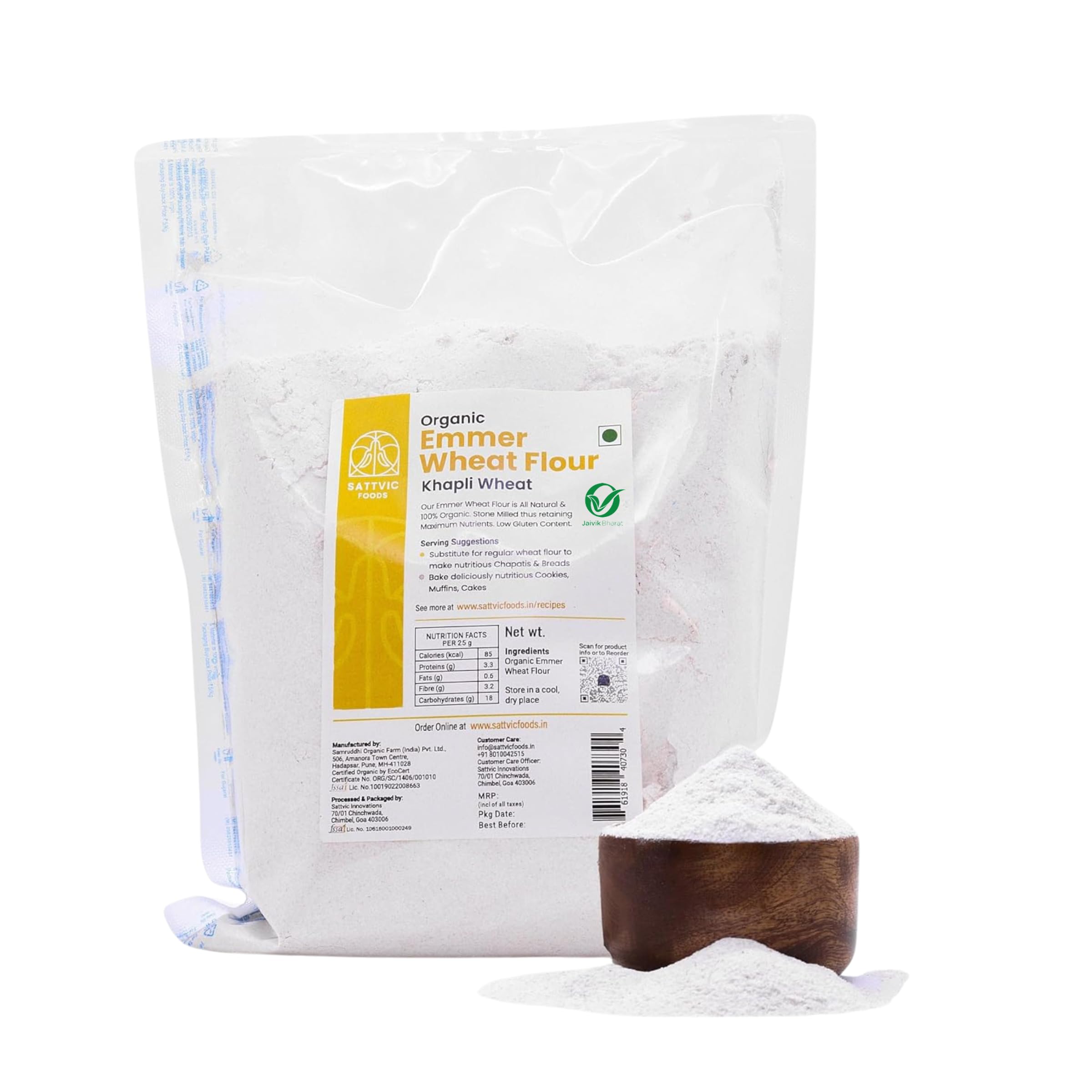 Sattvic Foods Emmer Wheat Flour/Khapli Atta (4.5 kg) | Certified Organic, Stone-Ground, Ancient Grain | Low Gluten, High Fibre & Protein, Easy to Digest | Ideal for Chapati, Baking & Cooking