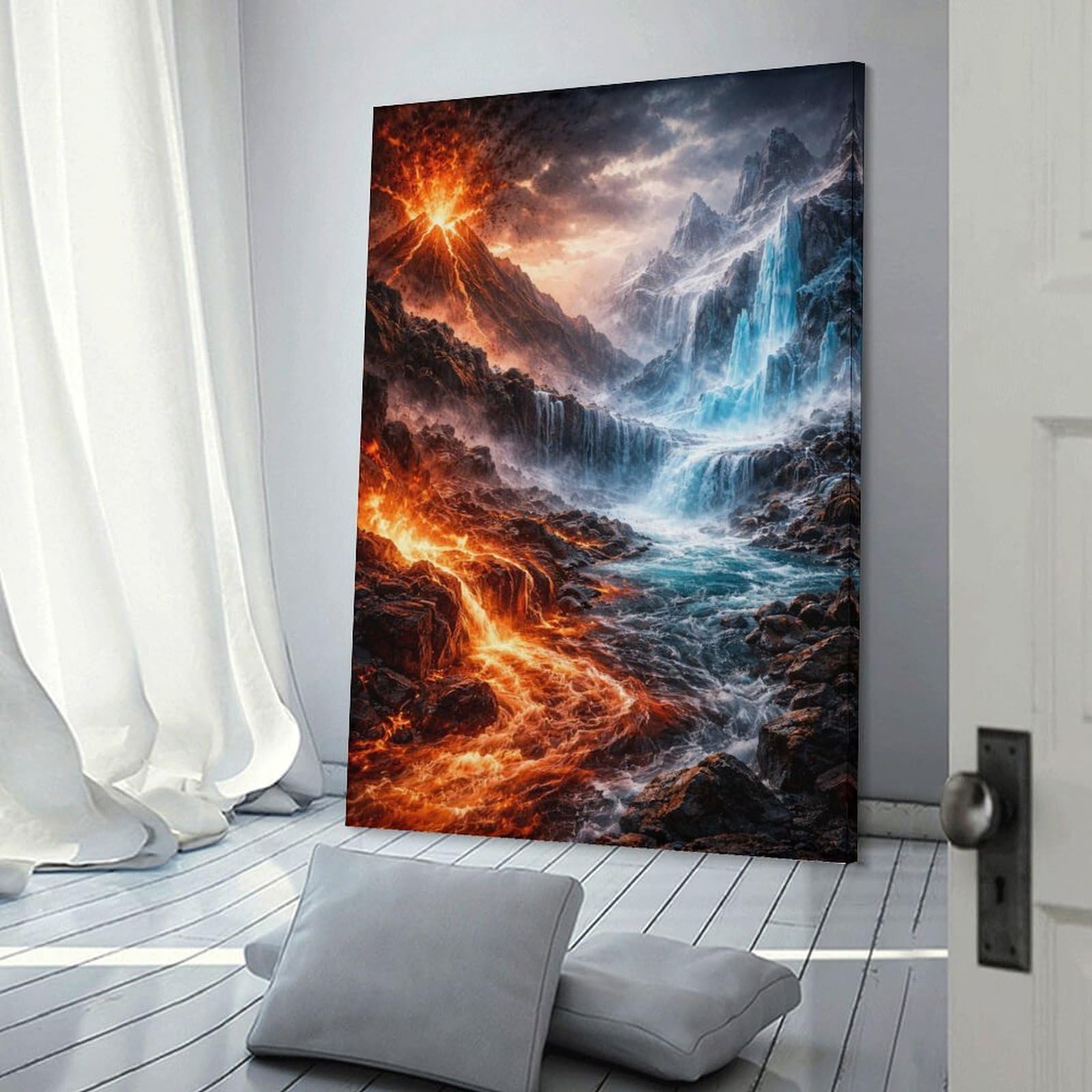 Junmoney Frame-Style-4 Hanging Wall Art Volcano And Waterfall Landscape, 08X12inch(20X30cm), For Gallery Wall Layouts In Home Or Office, An Easy Match For Collected Prints