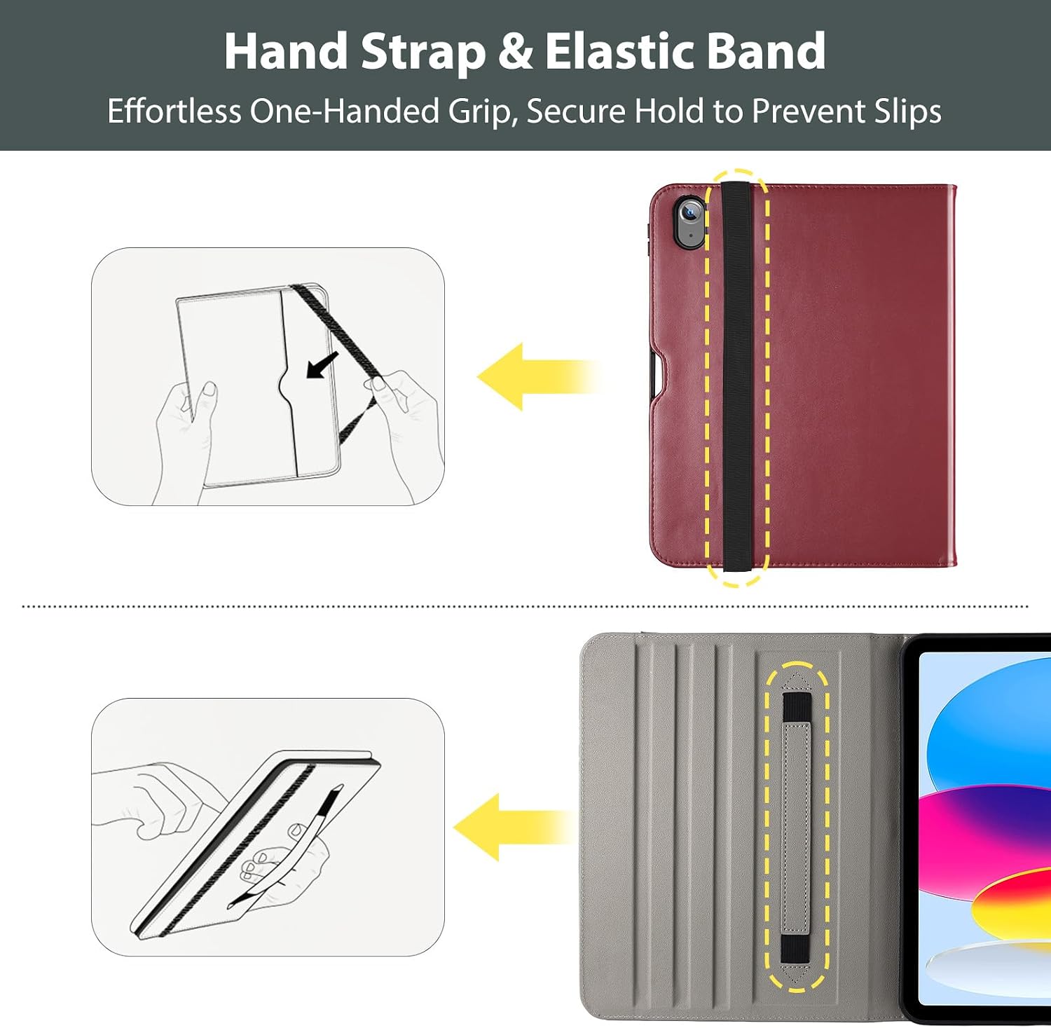 ProCase for iPad A16 11th Generation 11” 2025/iPad 10th Generation 10.9” 2022 with Pencil Holder, iPad 11/10 PU Leather Case Business Stand Cover Smart Folio with Hand Strap Front Pocket -Wine