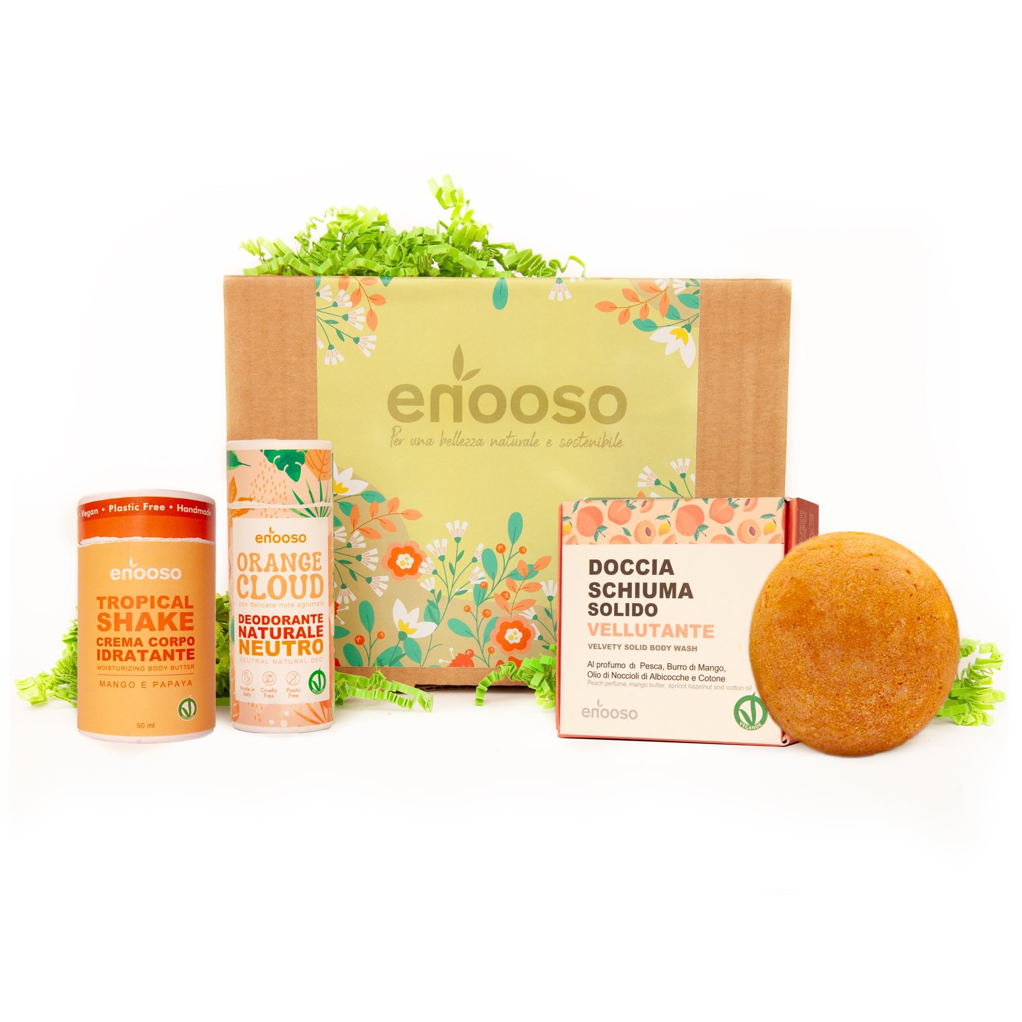 Enooso - Caja de regalo con 3 productos de regalo Beauty - Crema corporal de mango y papaya, gel de ducha aterciopelado, desodorante sólido | Set de regalo fabricado en Italia | ecosostenible vegano