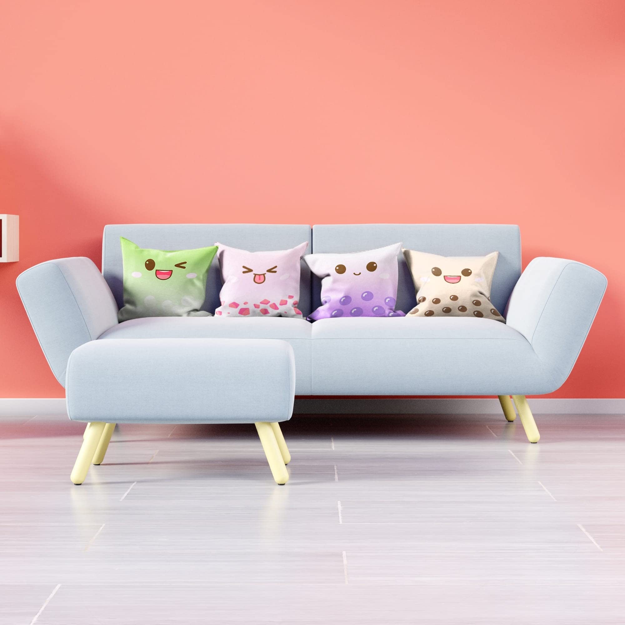 BelugaDesign Graziose federe per cuscini, confezione da 4 pezzi, motivo anime Boba Bubble Tea, Kawaii, per ragazze (45 x 45 cm, 4 multicolori)