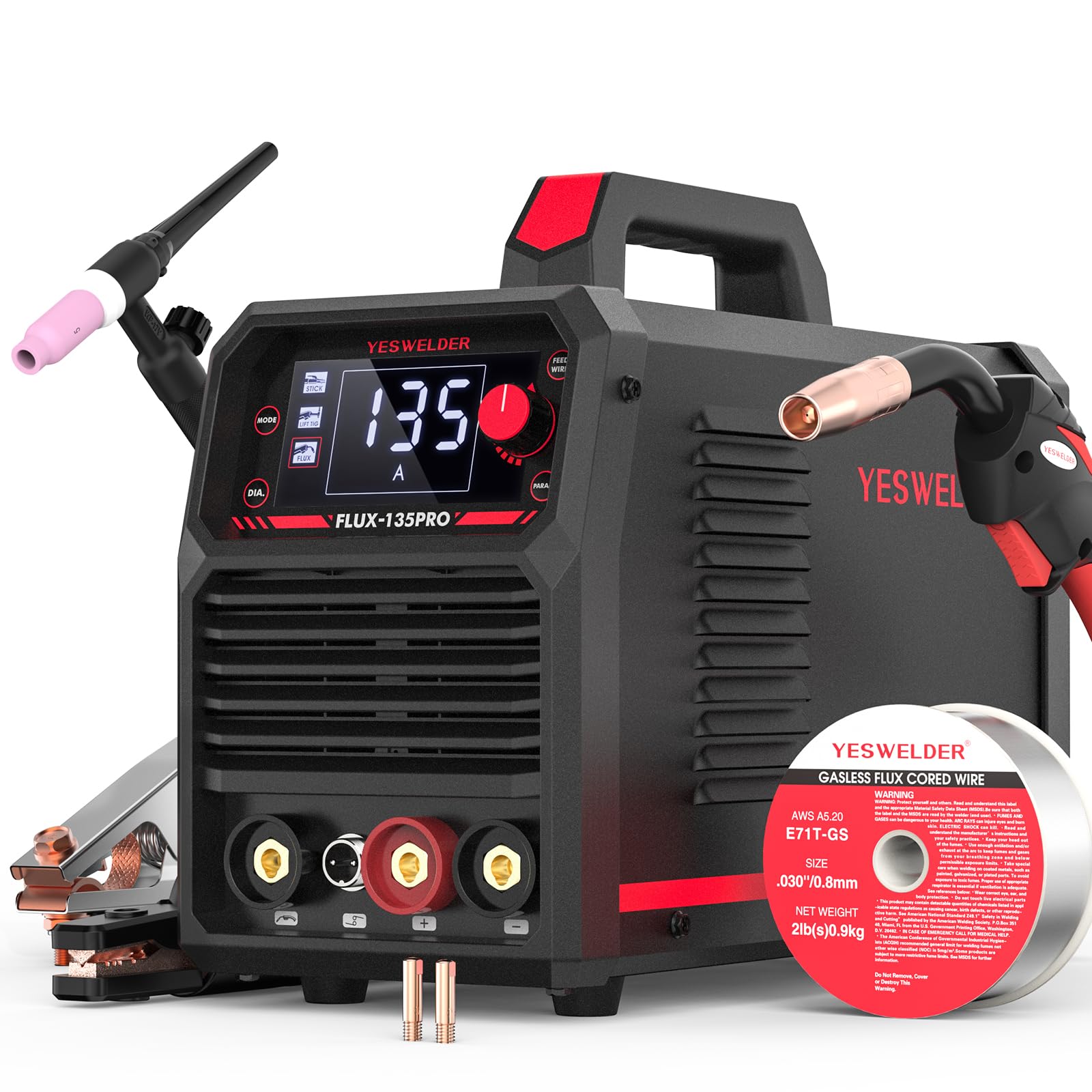 YESWELDER FLUX-135PRO Flux Core MIG Welder & Lift TIG Torch, 135Amp 110V Flux Core Gasless MIG/Lift TIG/Stick 3-in-1 Digital Display Welding Machine with 10-25 Lift TIG Gun