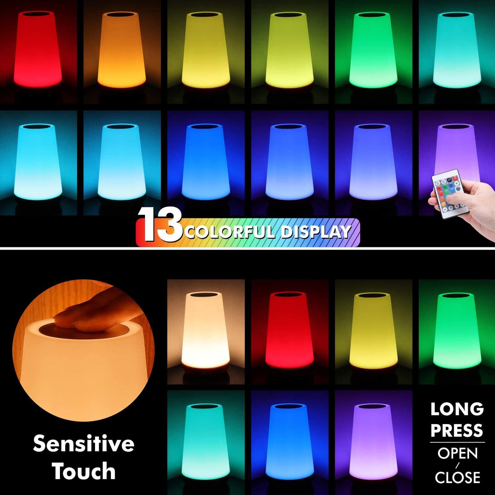 Touch Lampada da Comodino con Telecomando, LED Lampada da Tavolo Senza Fili con 13 Colori, Luce Notturna Bambini per Camera da Letto, Cameretta dei Bambini Soggiorno