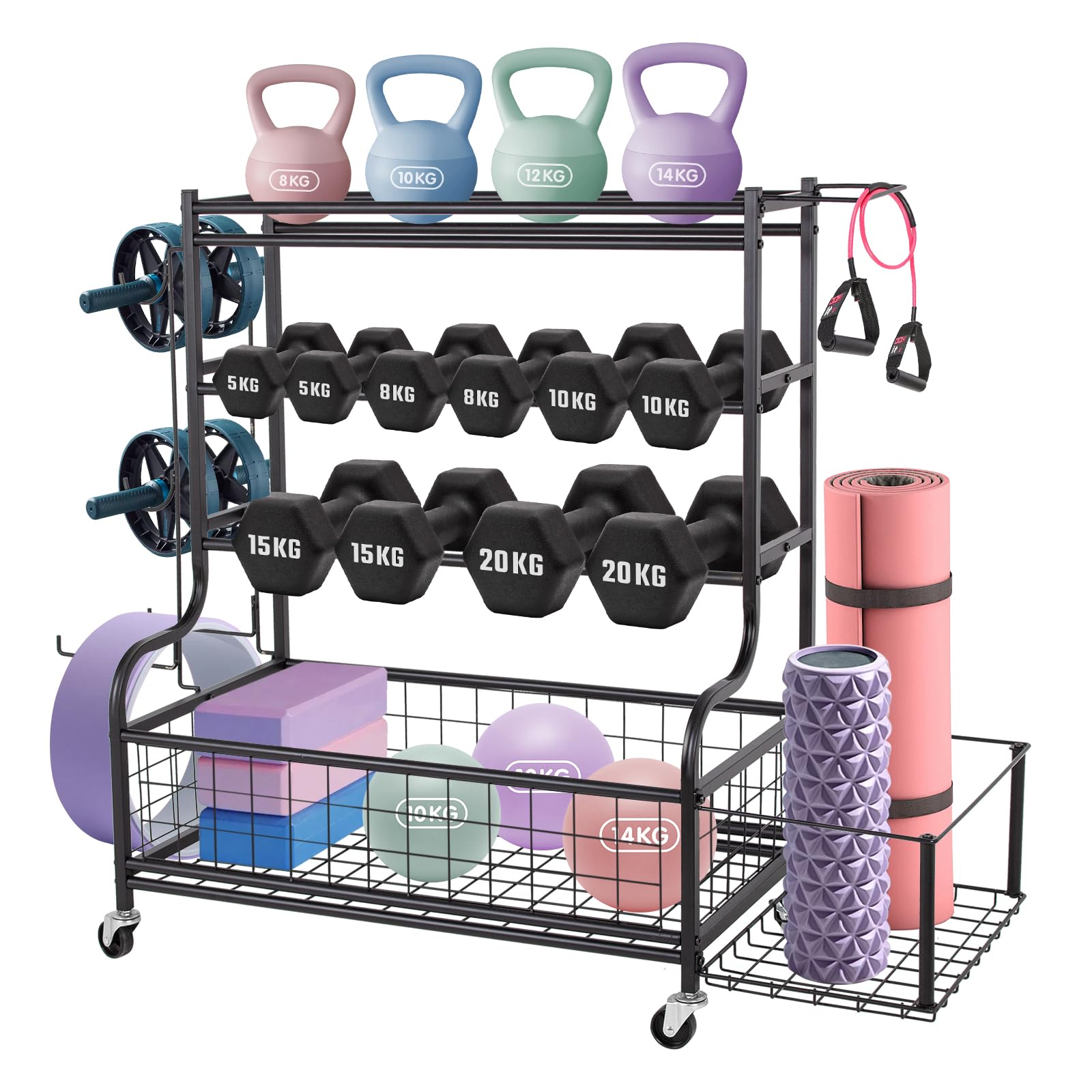Support d'haltères, Support de Rangement 102x 39.5x84CM Avec Crochets Roues | Multifonctionnel, Grande capacité pour Kettlebell, Tapis de Yoga, Equipement d'Entraînement