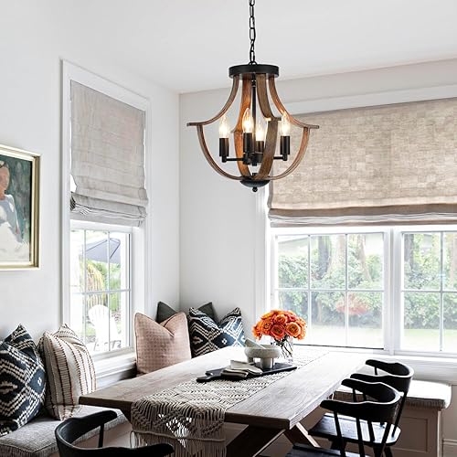 Miniatura 8 de Lámpara colgante colgante de granja, lámpara de techo rústica de 4 luces, lámpara de techo moderna de madera sintética para comedor, cocina, isla,