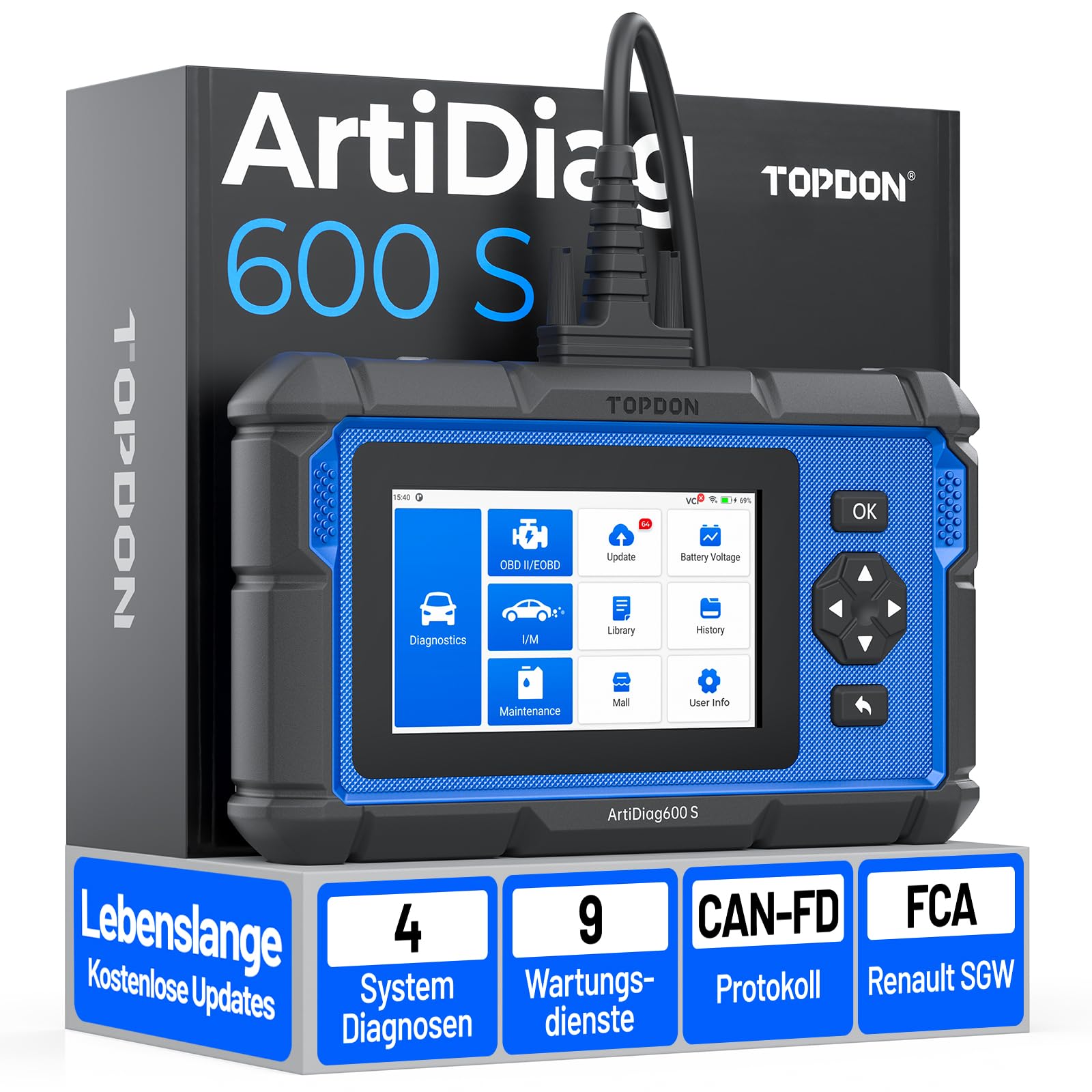TOPDON ArtiDiag600S OBD2 Diagnosegerät, Diagnosegerät für 4 Systeme Motor/ABS/Airbag/AT, 9 Reset Funktionen auf Öl/Bremse/SAS/BMS/ABS/DPF/TPMS/Drosselklappe volle OBD2 Funktionen, lebenslanges Update
