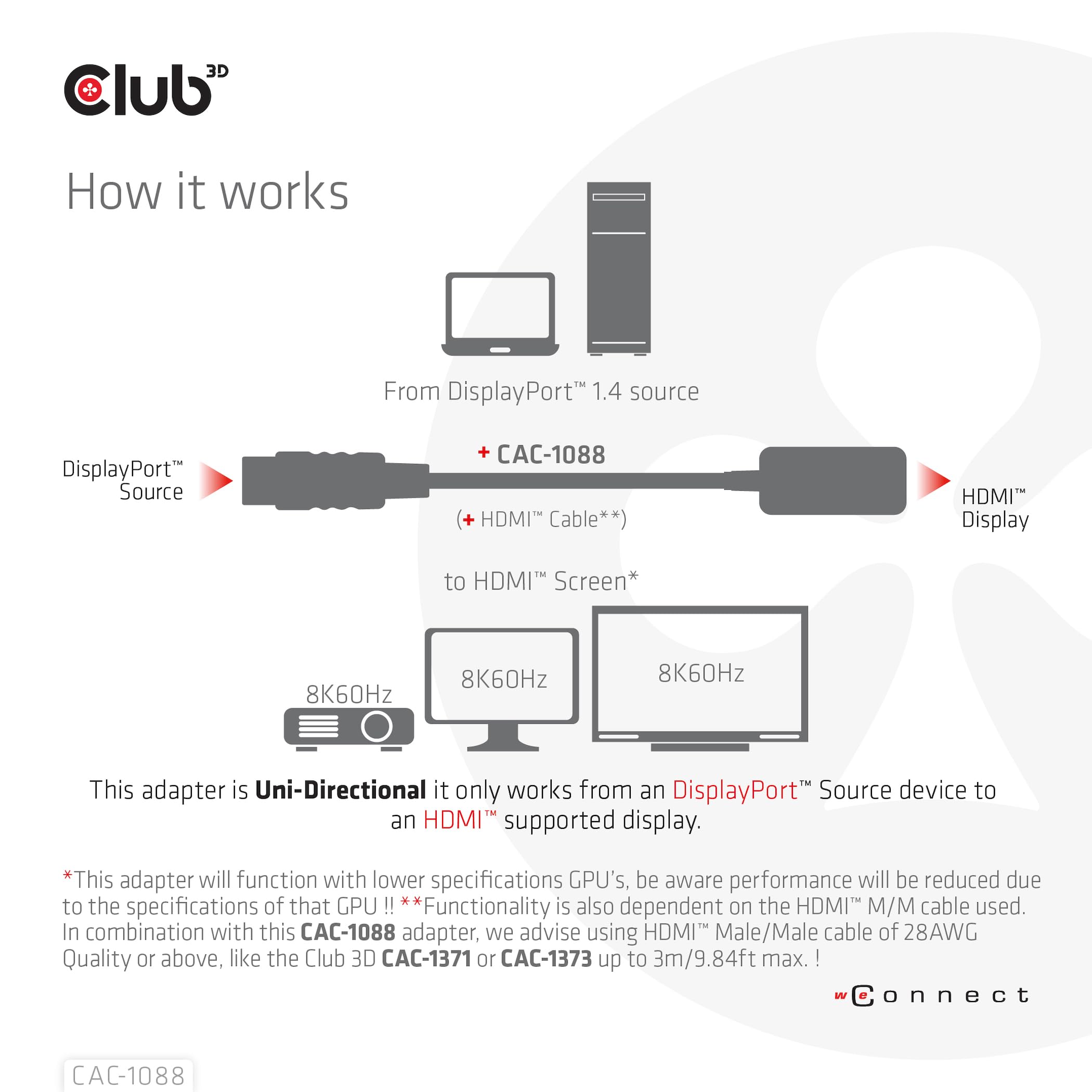 Club 3D DisplayPort1.4 to HDMI 4K120Hz/8K60Hz HDR Active Adapter M/F - 0.21 m - DisplayPort - HDMI - Male - Female - Straight