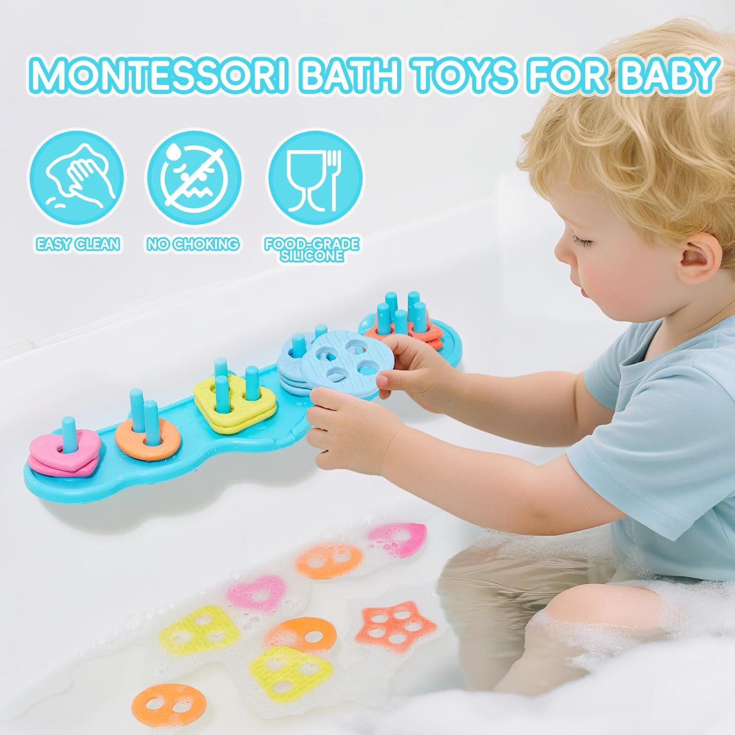 Toddler Bath Toys for Kids, Mold Free Bath Toys Silicone Color and Shape Sorting & Stacking Toys with 20 Textured Floating Pieces and Storage Bag, Early Learning Educational Sensory Toys for Toddlers image 2 of 7 B0F32B2YYY