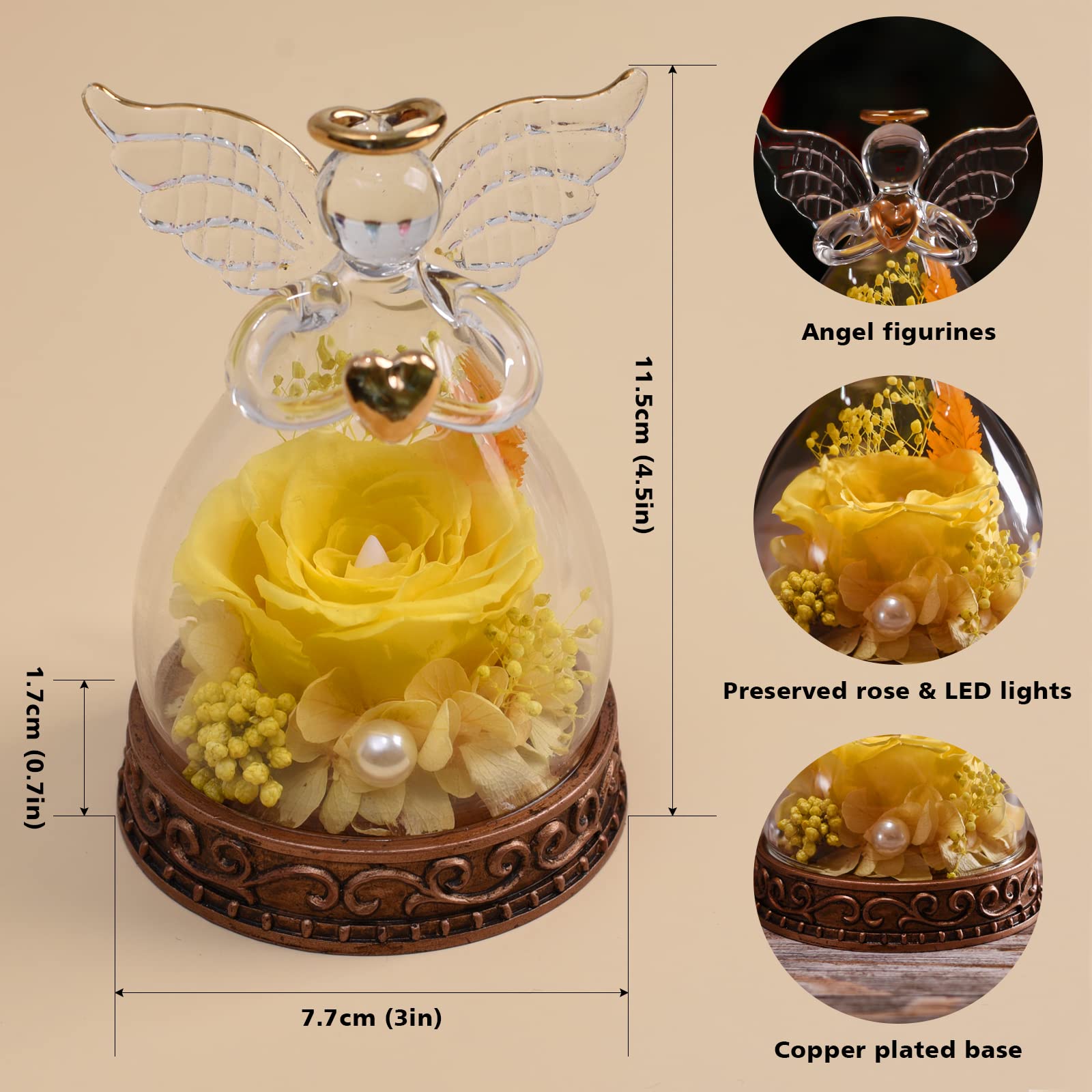 Preserved Real Rose in Glass Angel Figurine with LED Light, Angel Gifts for Women, Mom, Grandma on Mother's Day Christmas Birthday (Yellow)