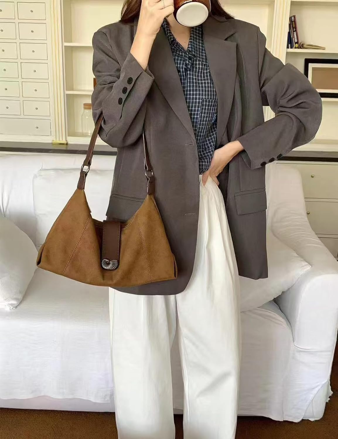 SuedeTote Bag for Women Slouchy Shoulder Purse,Trendy Suede Handbag Casual Hobo Purse