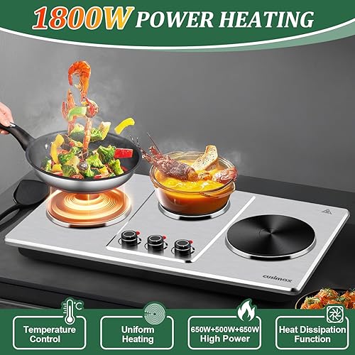 Miniatura 3 de Cusimax Hot Plate,Countertop Triple Burner with 7″Cast Iron Cooktop,Electric Hot Plate for Cooking,11 Level Temperature Setting