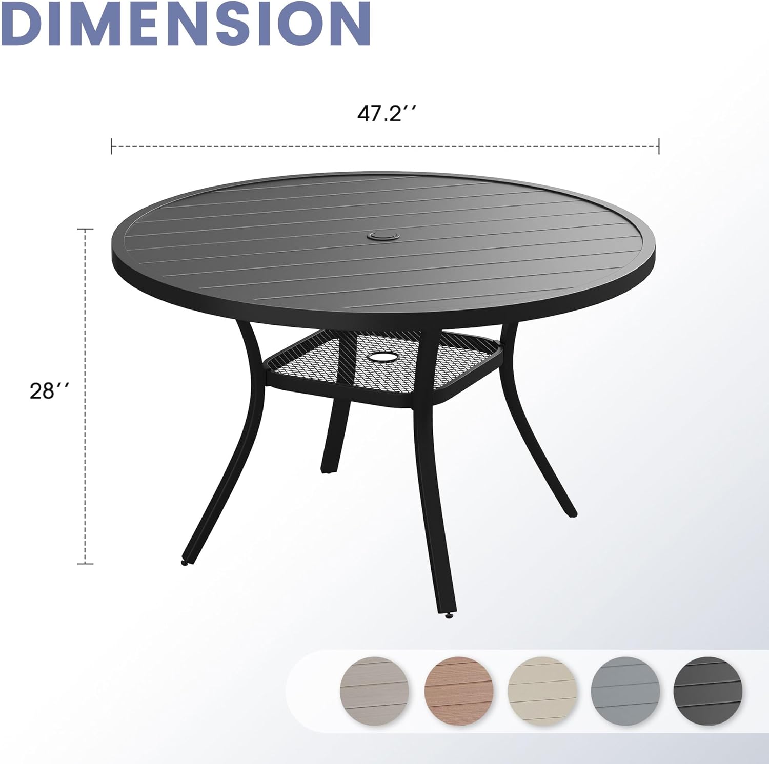 VICLLAX 47.2" Round Patio Table, Outdoor Dining Table for 6 with Umbrella Hole for Garden Lawn Deck Backyard, Black
