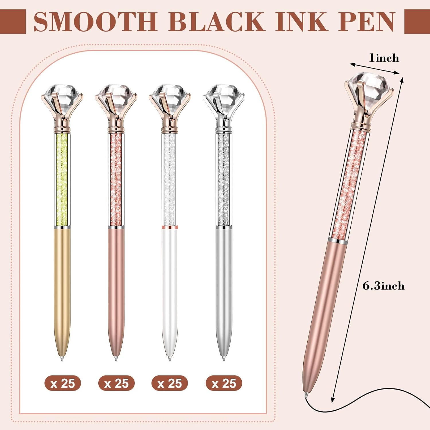 Sherr 100 Pack Big Crystal Diamond Pens Cute Ballpoint Pens Retractable Ballpoint Rhinestones Crystal Bling Gem Plated Black Gel Ink Office Supplies Gifts for Women(Classic,Glitter)