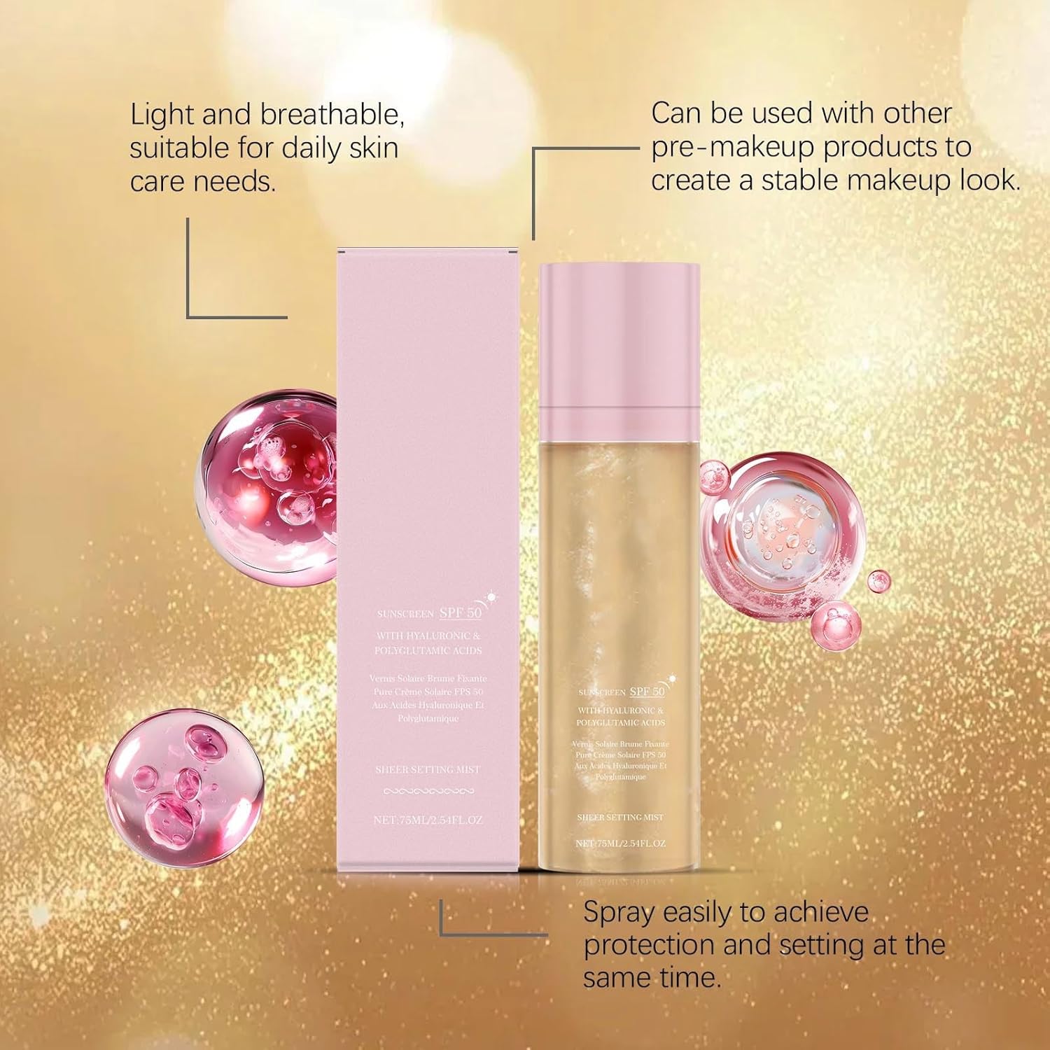 Sheer Setting Mist Sunscreen SPF 50 - Hydrating Glow Mist with Shimmering Oil, Broad Spectrum Water-Resistant Face & Body Spray, Reef-Safe Non-Greasy Formula for Makeup-Friendly Radiance - Image 2