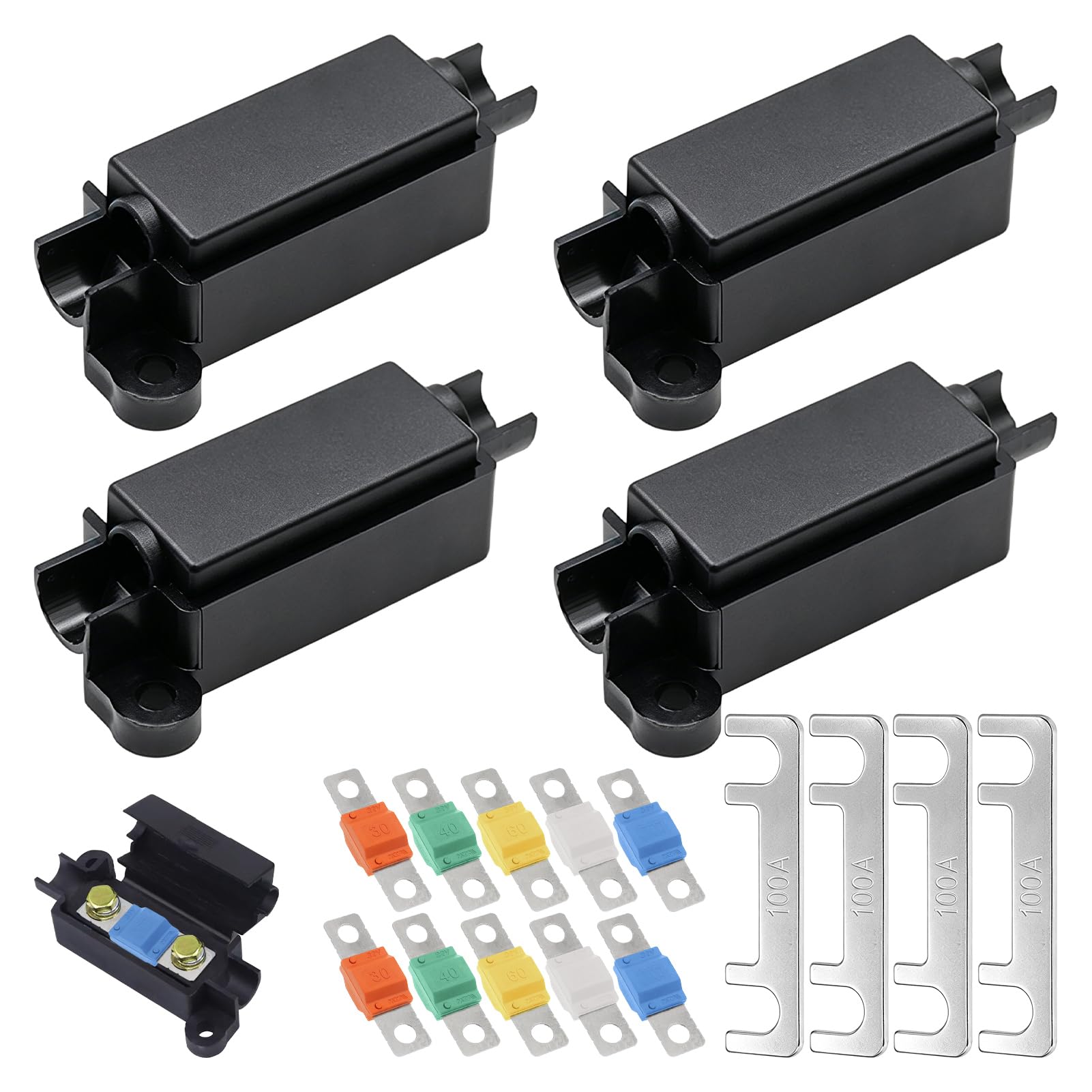 Midi Fuse Holder, 18PCS Black ANS-HB Small Bolt-On Copper Fuse Box with Fuses and Shims, Black Boxes, Coloured 30A-100A Fuses, Silver 100A Shims