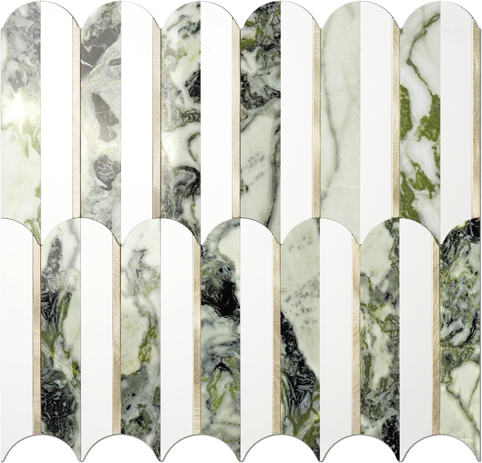 Vamos Tile Peel and Stick Backsplash Seamless Tile,10-Sheets Stick on Backsplash for Kitchen and Bathroom, Pure White+Ice Green Marble+Light Gold PVC Self Adhesive Mosaic Tiles