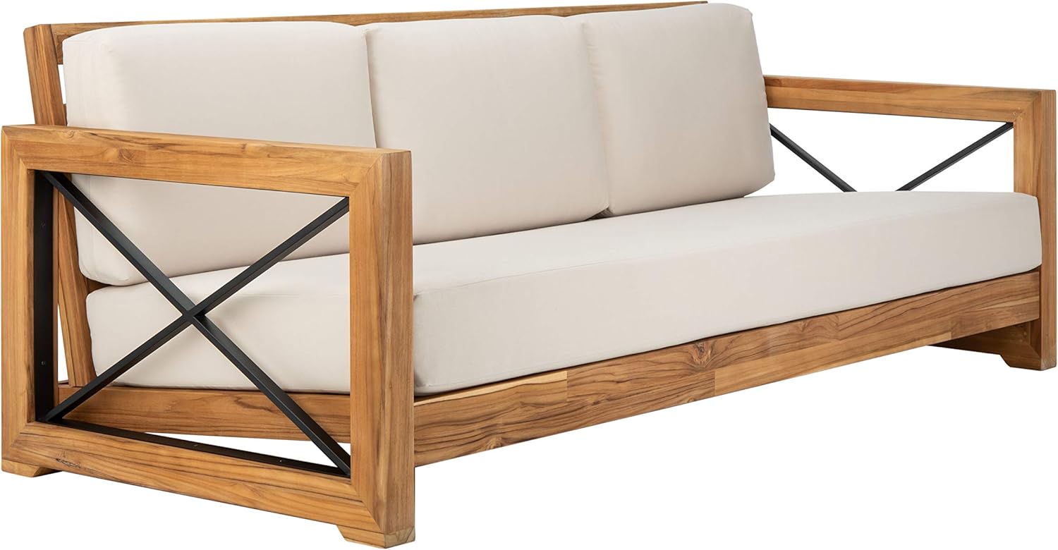 Safavieh CPT1010A Couture Curacao Brazilian Teak Outdoor 3-Seat Patio Sofa, Natural/White : Patio, Lawn & Garden