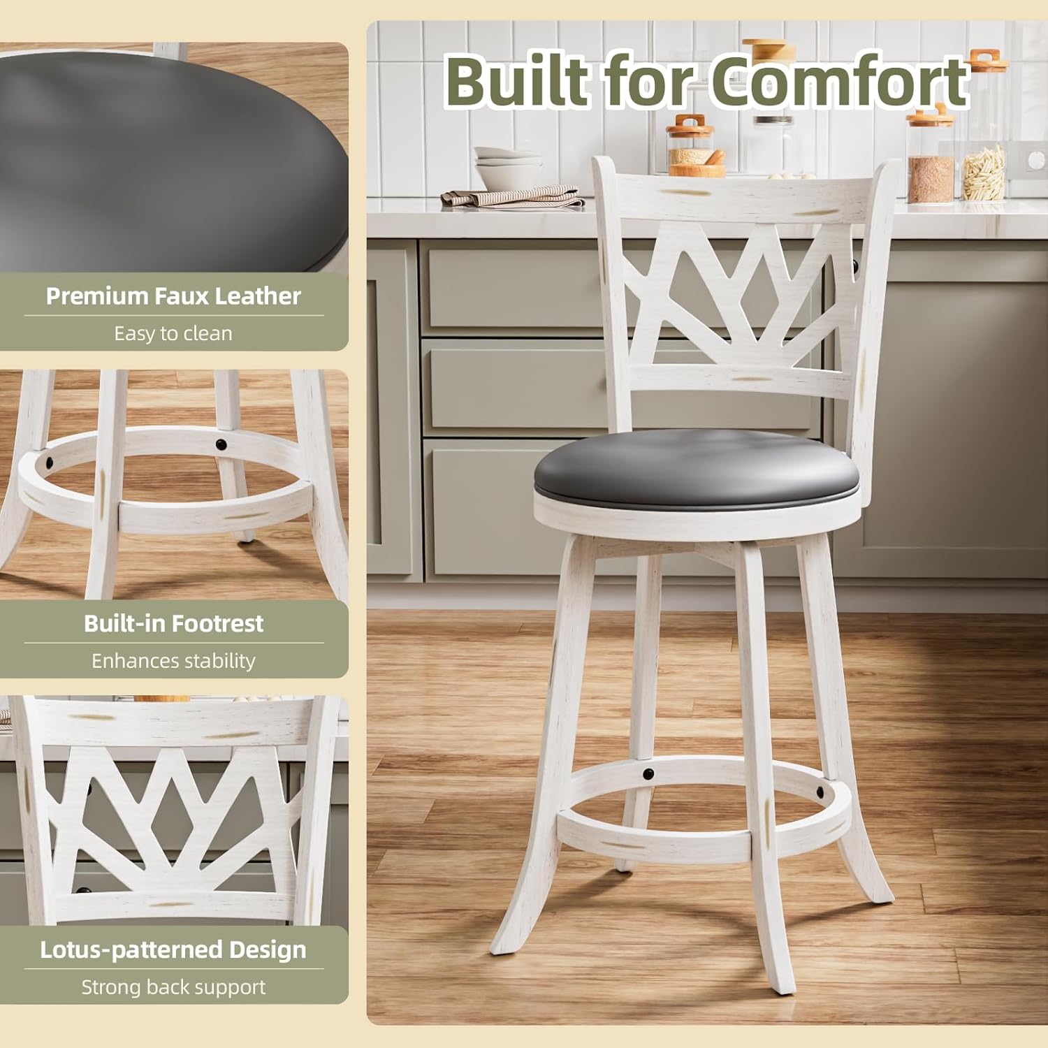 Swivel Barstools Set of 4, Farmhouse 24" Counter Height Bar Stools with Backs, Lotus Pattern Carved Bar Chair with Solid Wood Legs & Footrest for Kitchen Island, Home Bar, Pub. Antique White